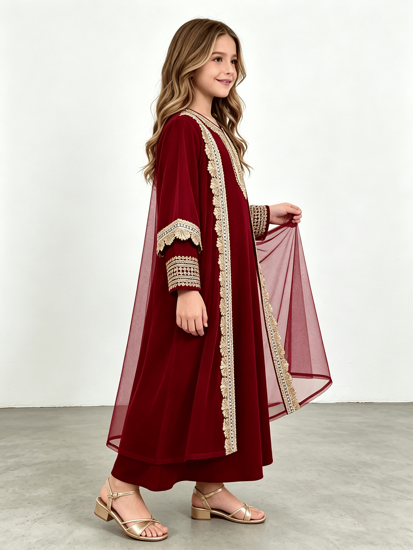 Girls Maroon Embroidered Trim Jalabiya
