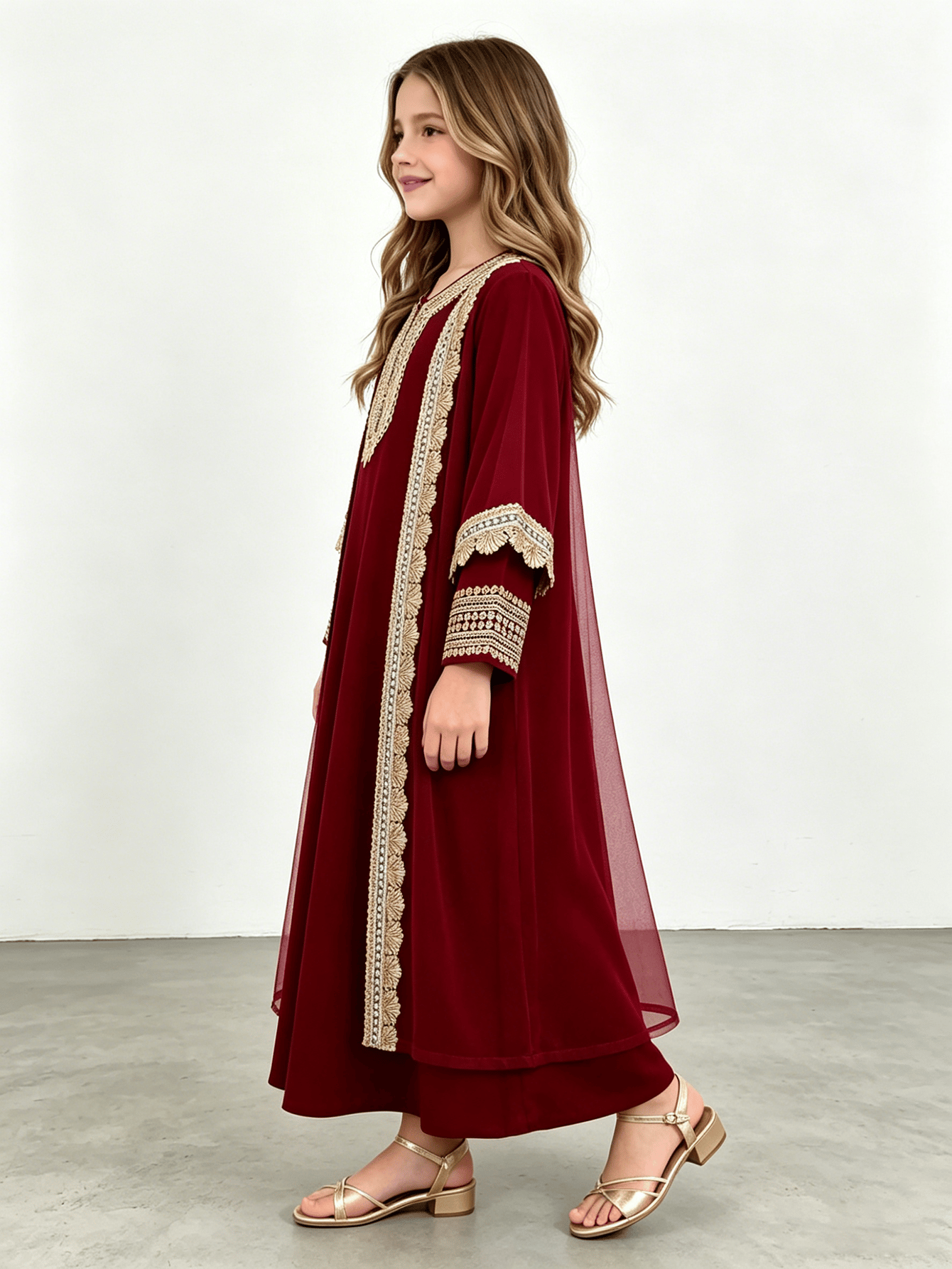 Girls Maroon Embroidered Trim Jalabiya