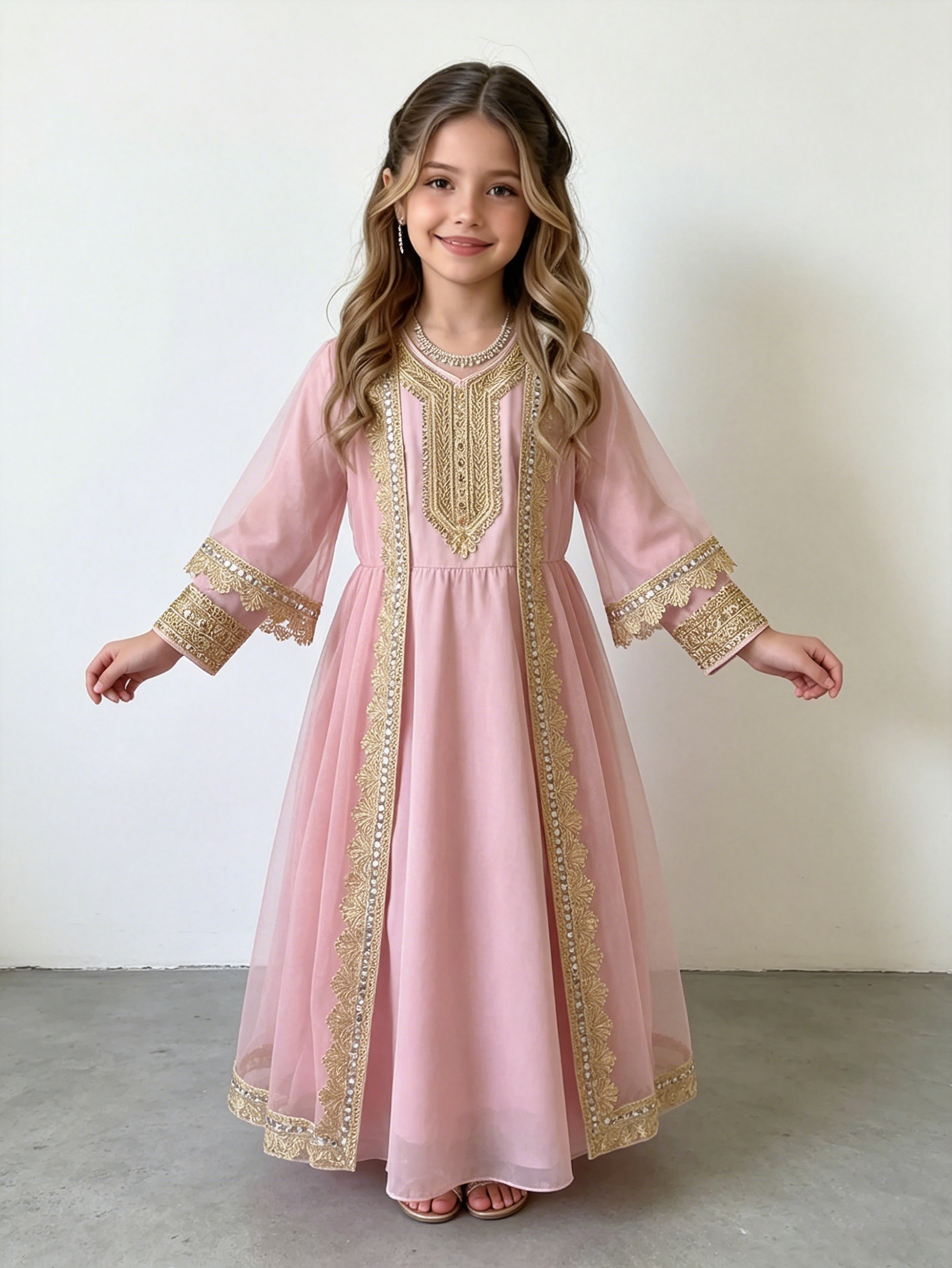 Girls Light Pink Embroidered Trim Jalabiya