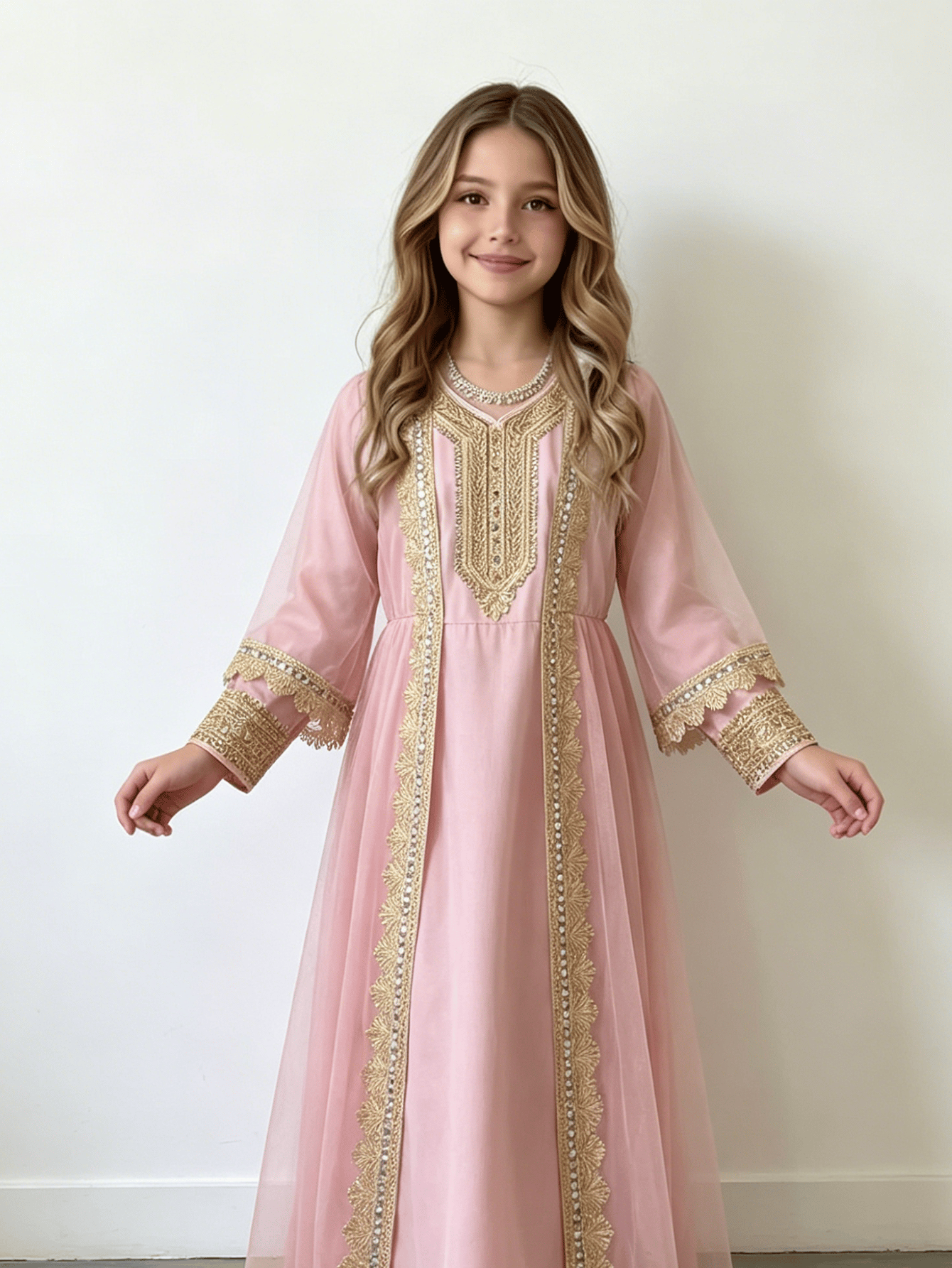 Girls Light Pink Embroidered Trim Jalabiya