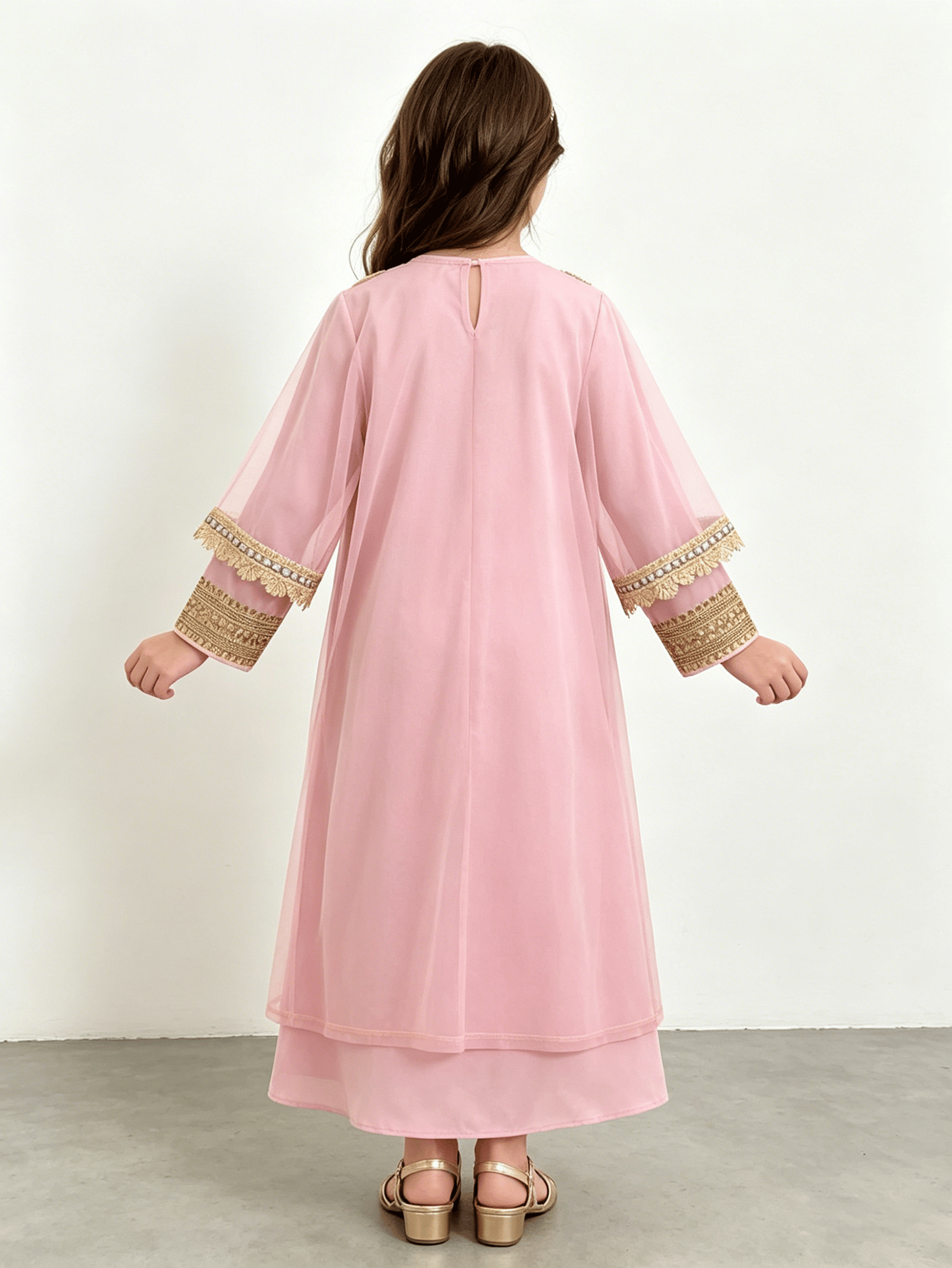 Girls Light Pink Embroidered Trim Jalabiya