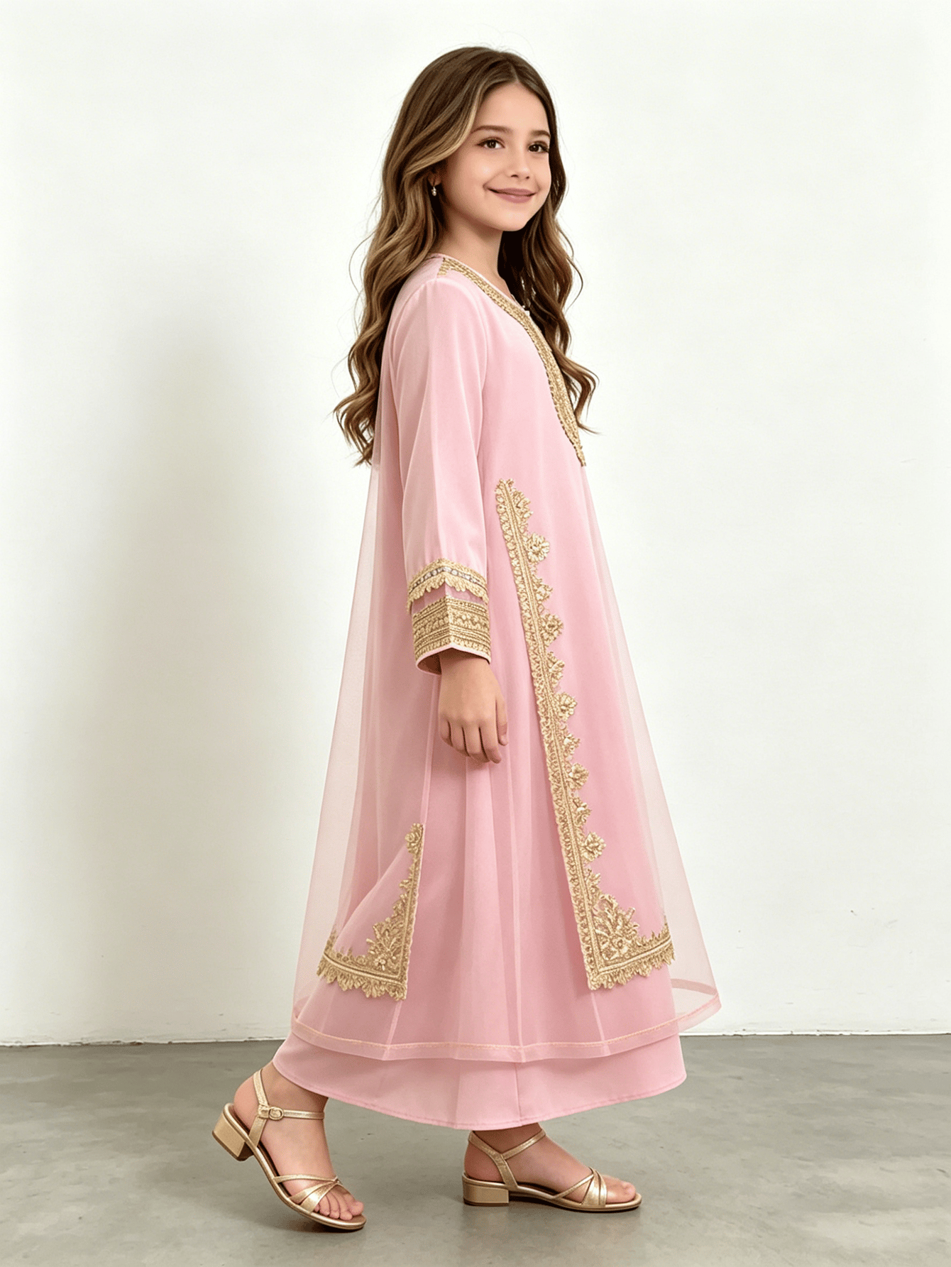 Girls Light Pink Embroidered Trim Jalabiya
