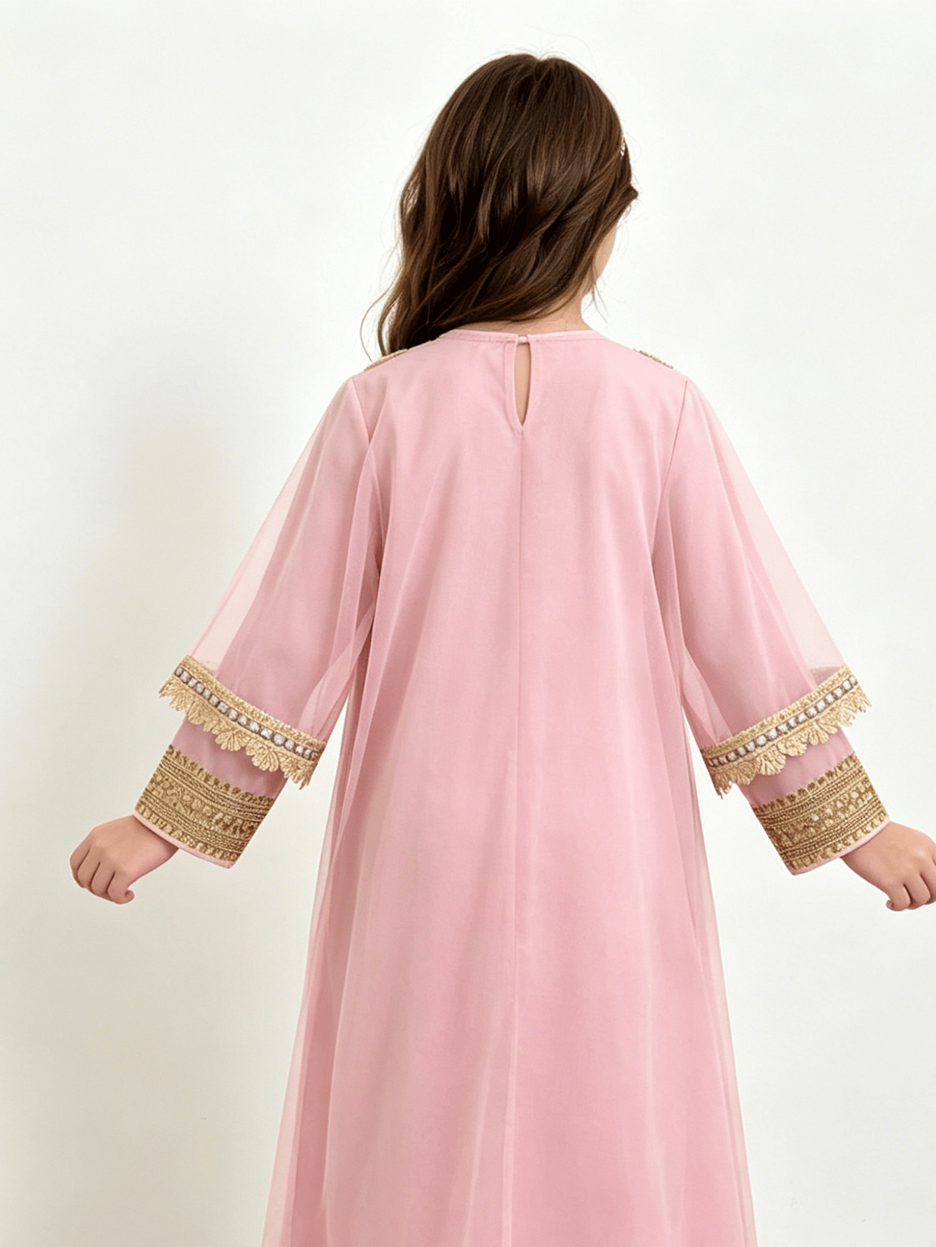 Girls Light Pink Embroidered Trim Jalabiya