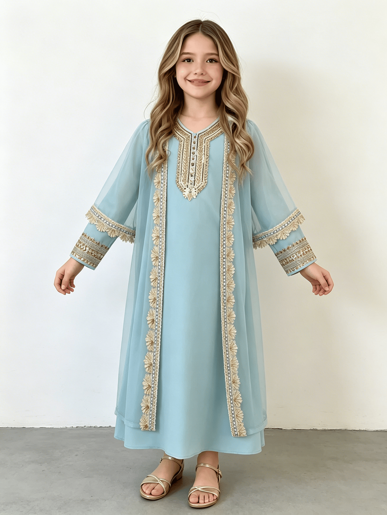 Girls Blue Embroidered Trim Jalabiya
