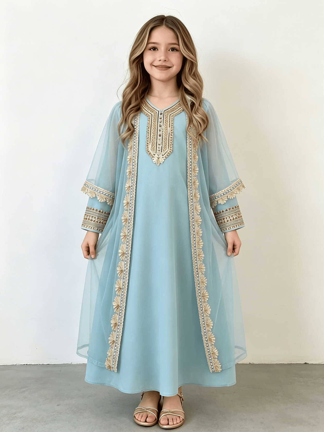 Girls Blue Embroidered Trim Jalabiya