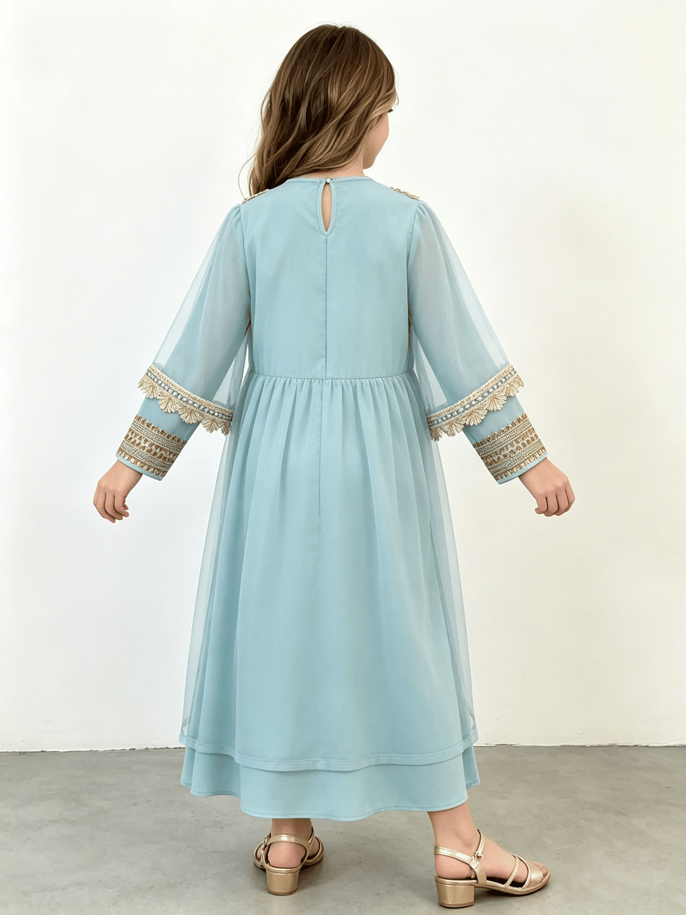 Girls Blue Embroidered Trim Jalabiya