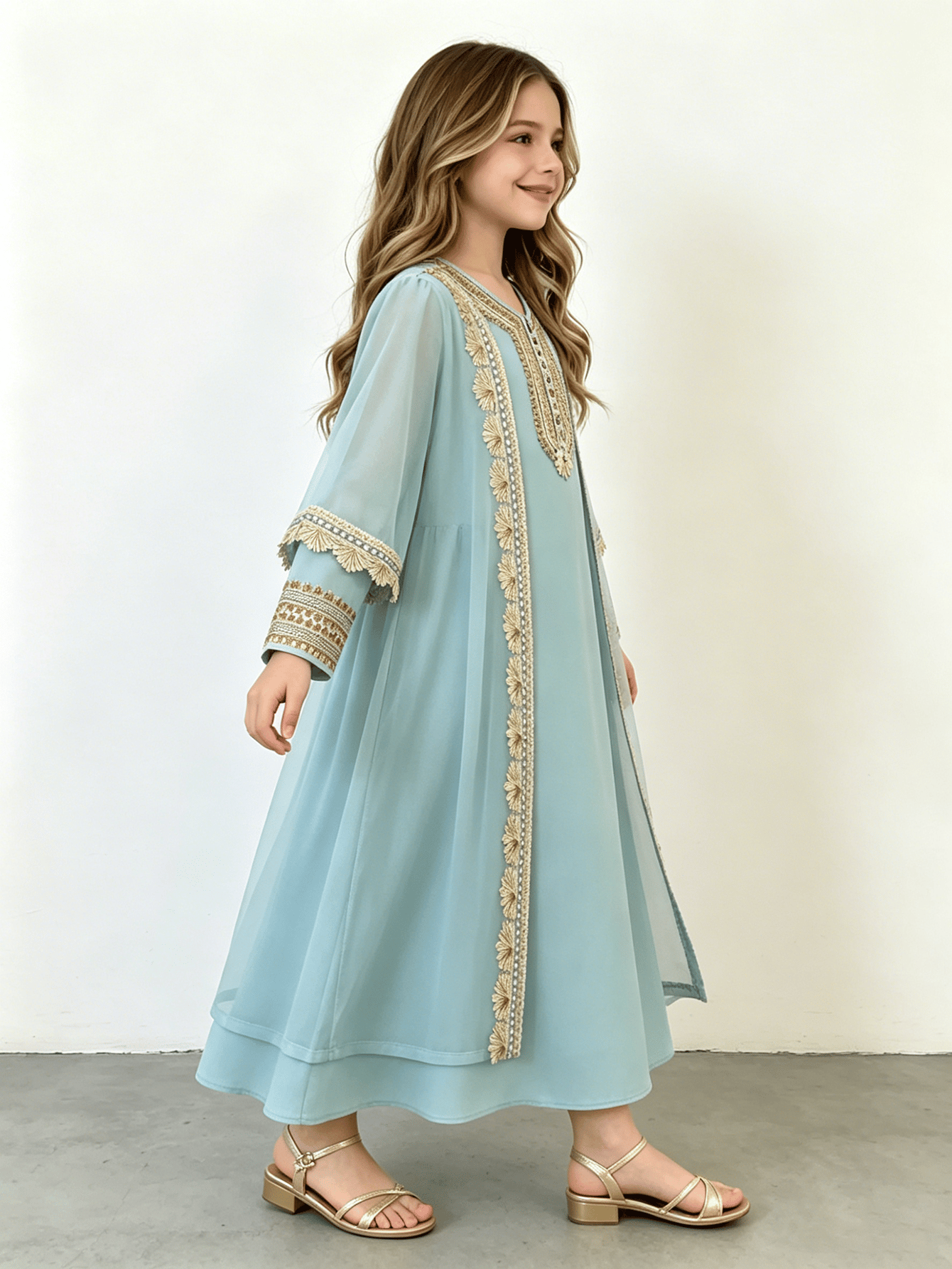 Girls Blue Embroidered Trim Jalabiya