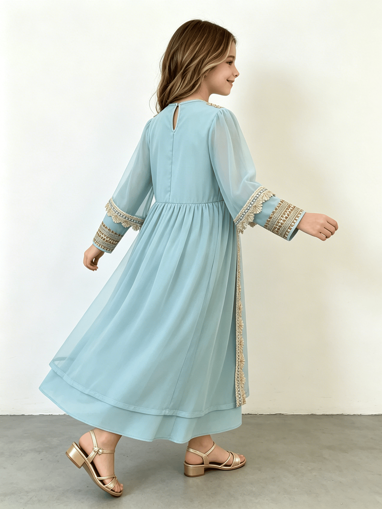 Girls Blue Embroidered Trim Jalabiya
