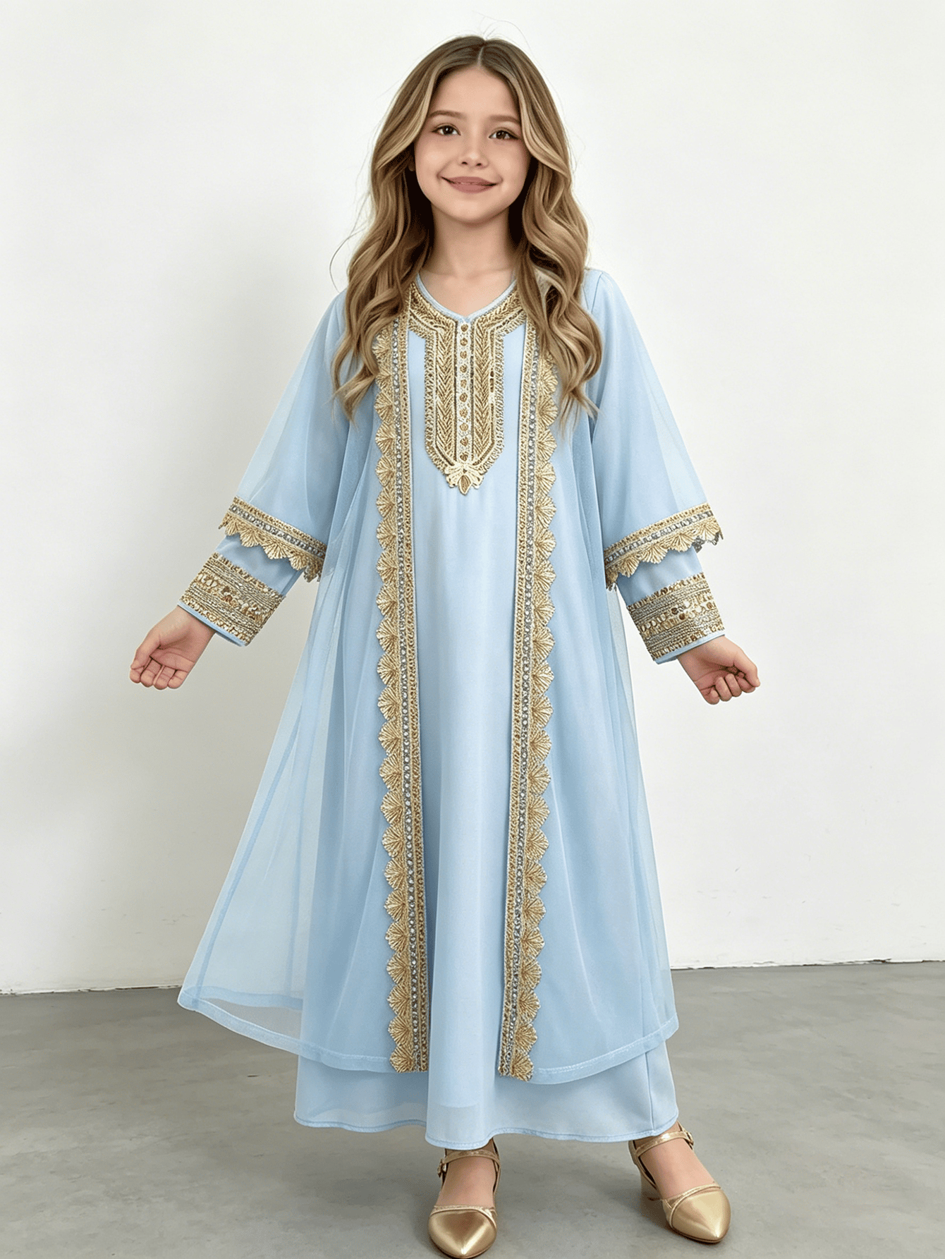 Girls Blue Embroidered Kaftan Style Two-Piece Dress