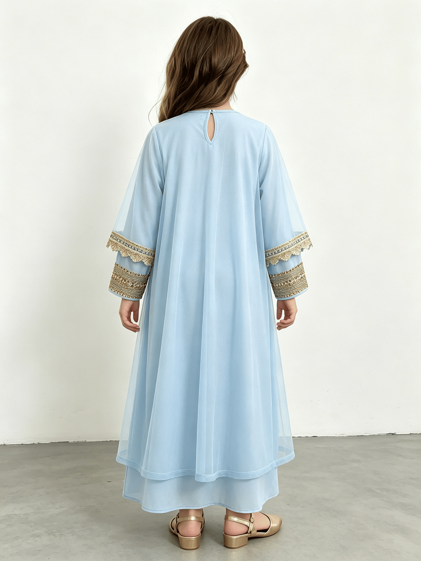 Girls Blue Embroidered Kaftan Style Two-Piece Dress