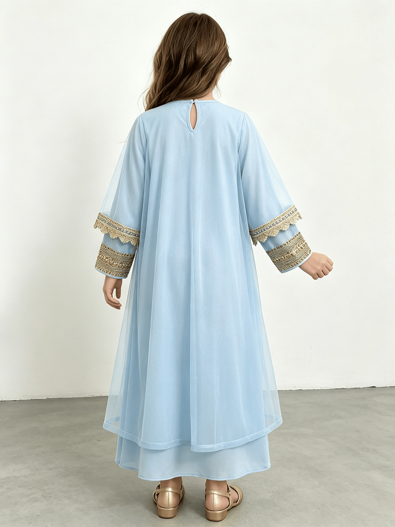Girls Blue Embroidered Kaftan Style Two-Piece Dress