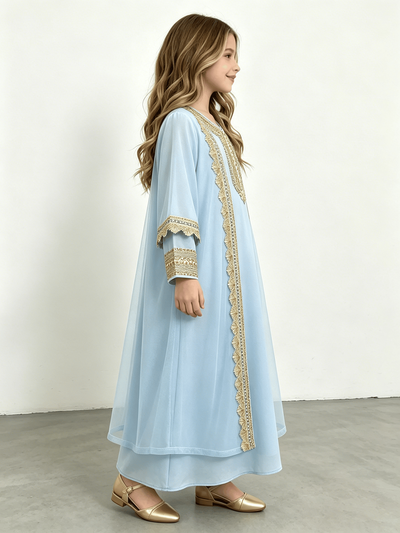 Girls Blue Embroidered Kaftan Style Two-Piece Dress