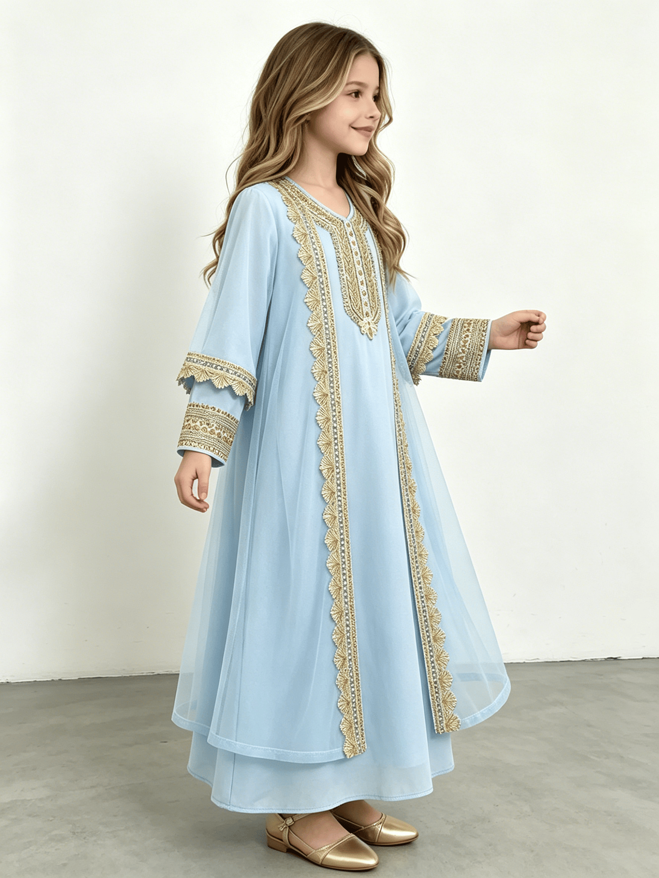 Girls Blue Embroidered Kaftan Style Two-Piece Dress