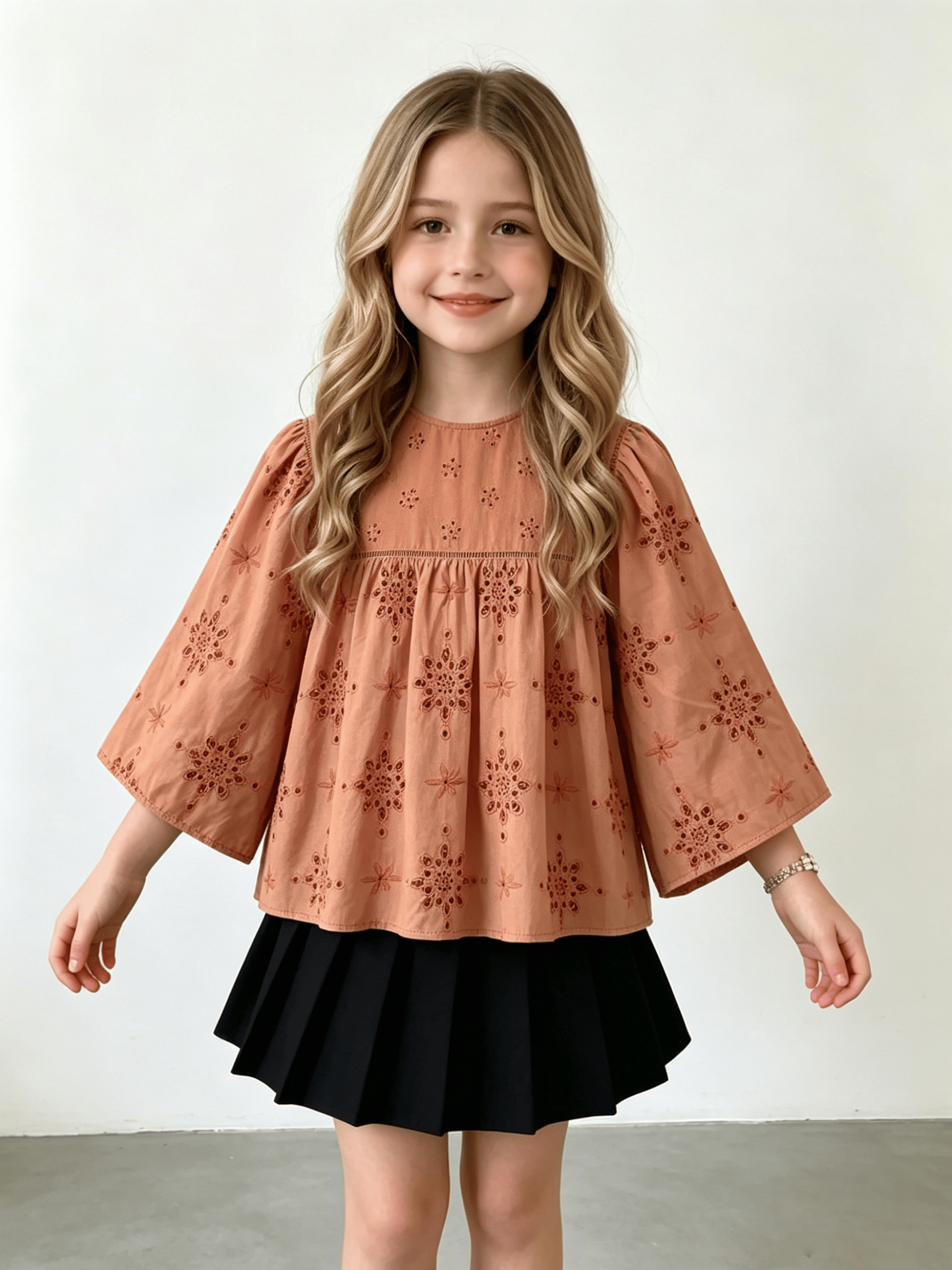 Girls Brown Eyelet Embroidered Flute Sleeve Blouse