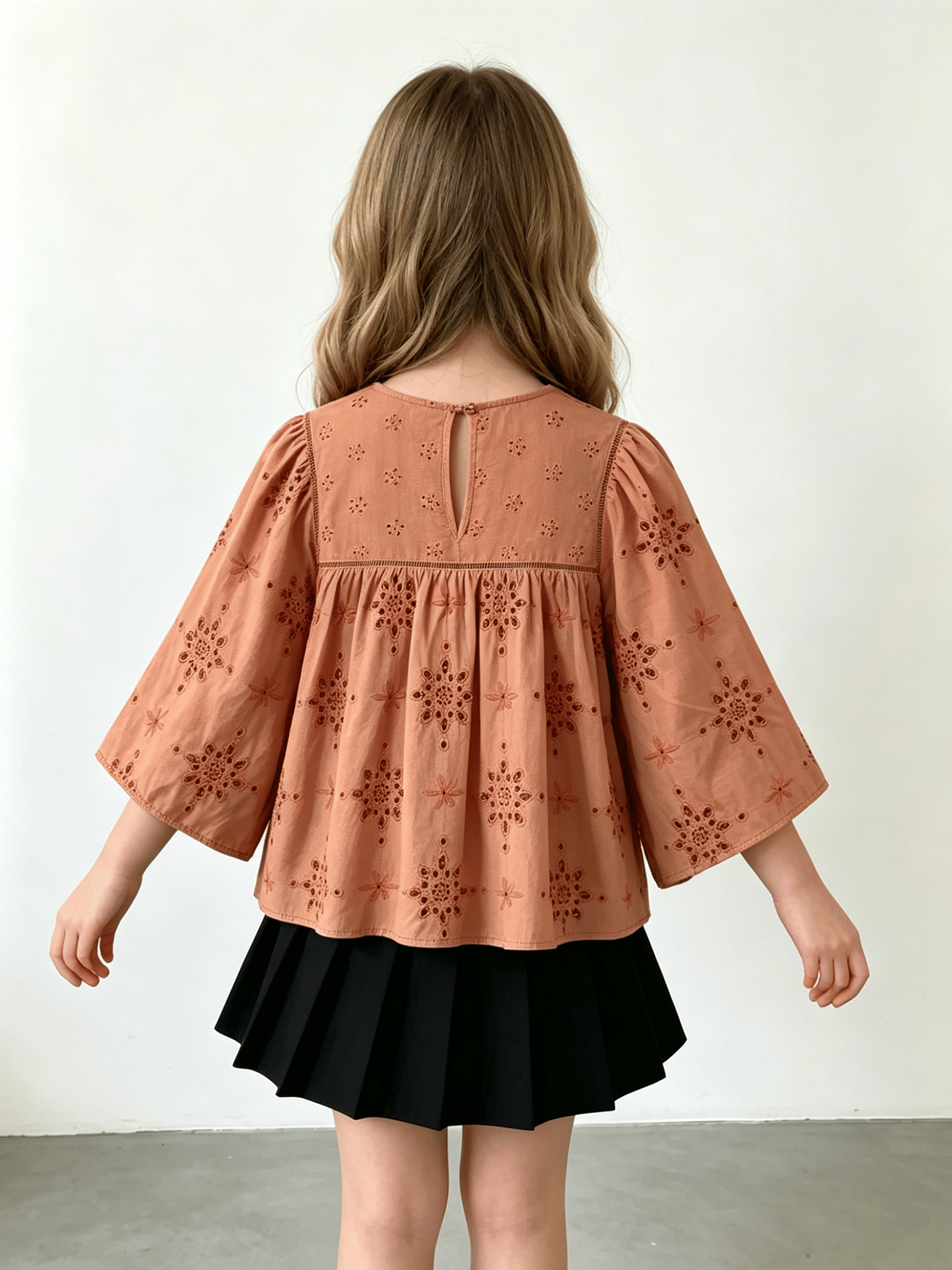 Girls Brown Eyelet Embroidered Flute Sleeve Blouse