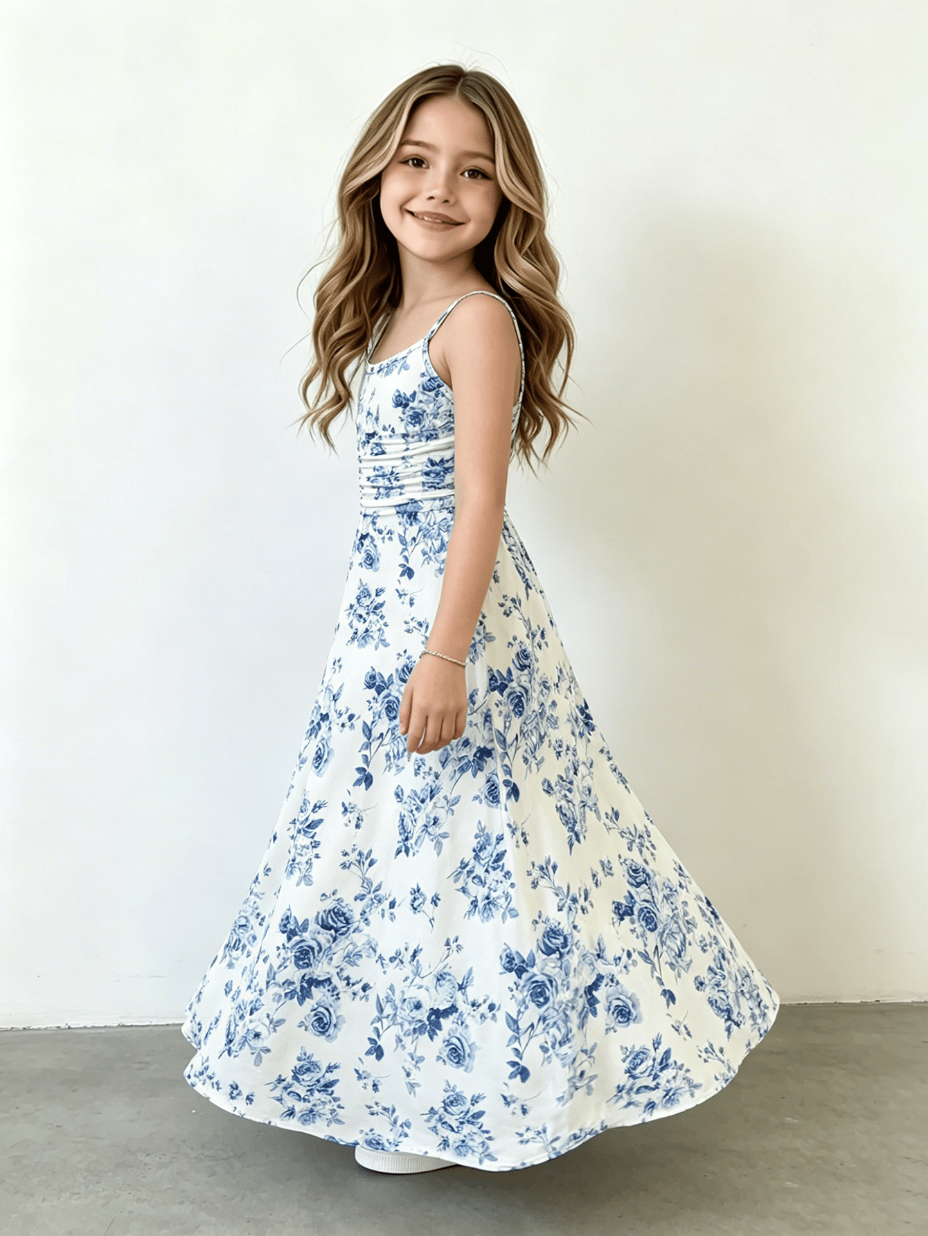 Girls Floral Ruched Waist Cami Dress