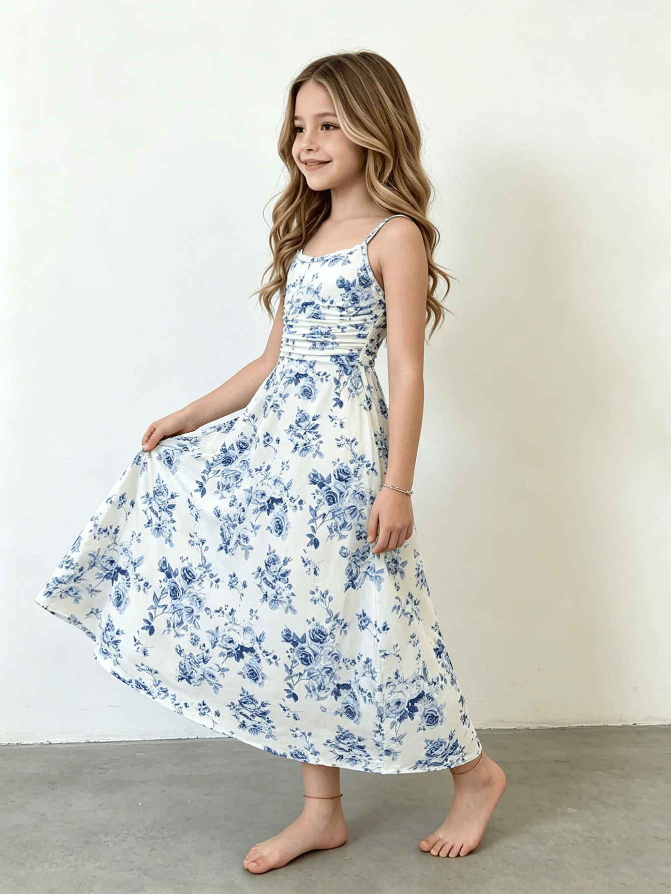 Girls Floral Ruched Waist Cami Dress