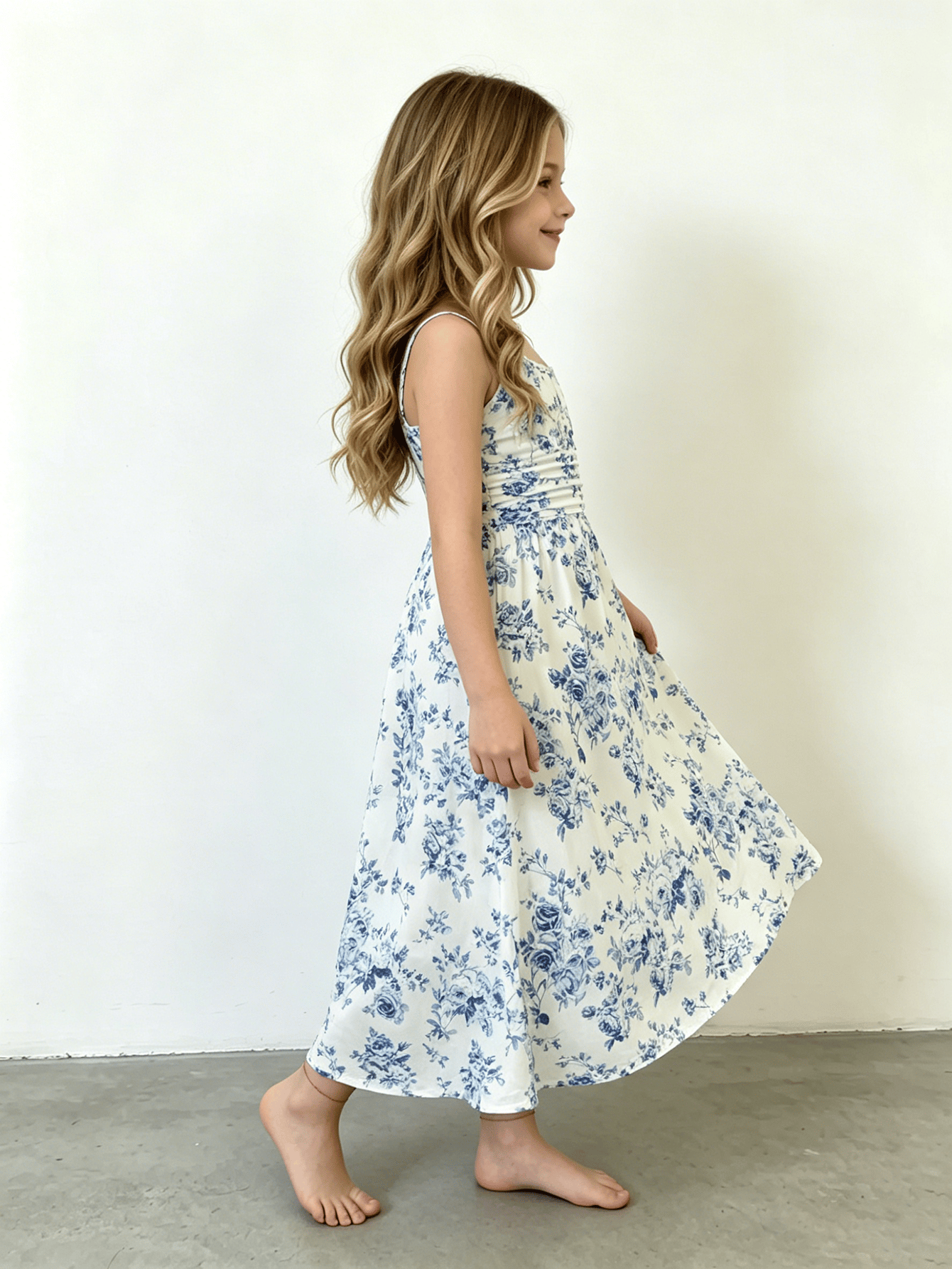 Girls Floral Ruched Waist Cami Dress