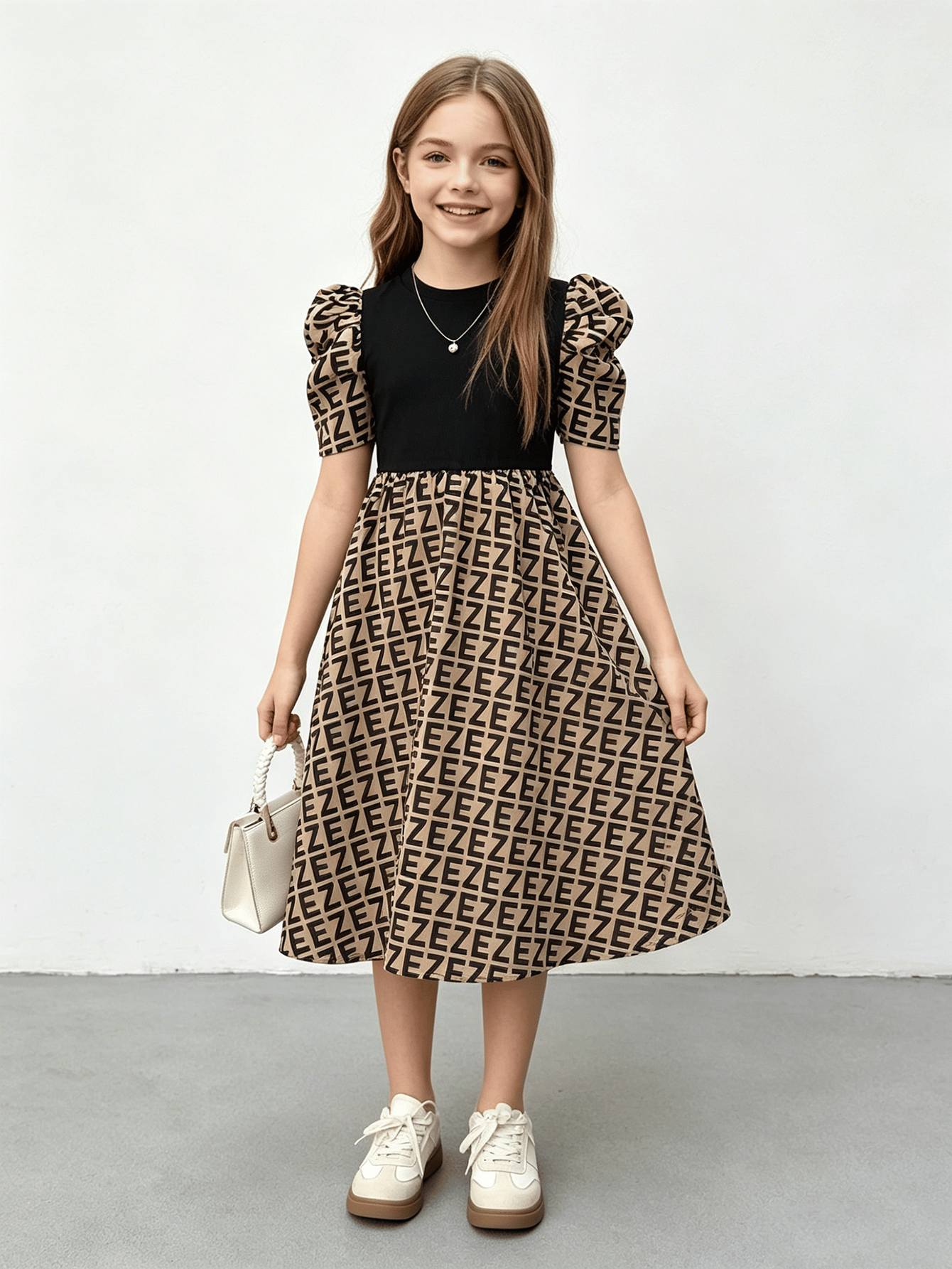 Girls Brown All Over Print Puff Sleeve Dress