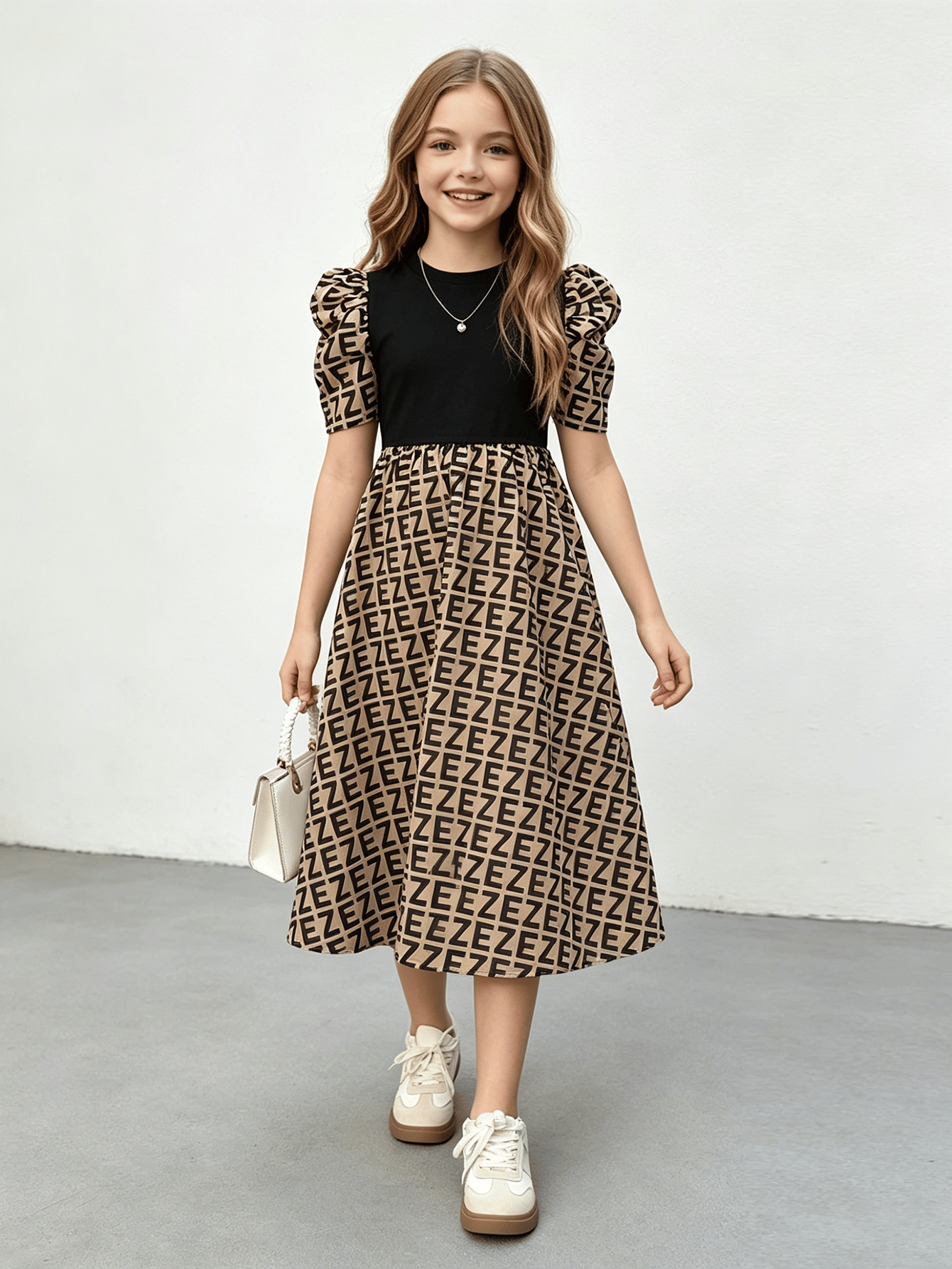 Girls Brown All Over Print Puff Sleeve Dress