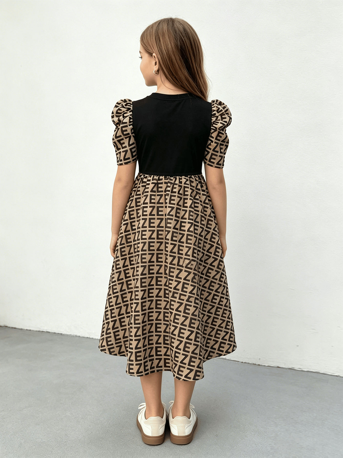 Girls Brown All Over Print Puff Sleeve Dress