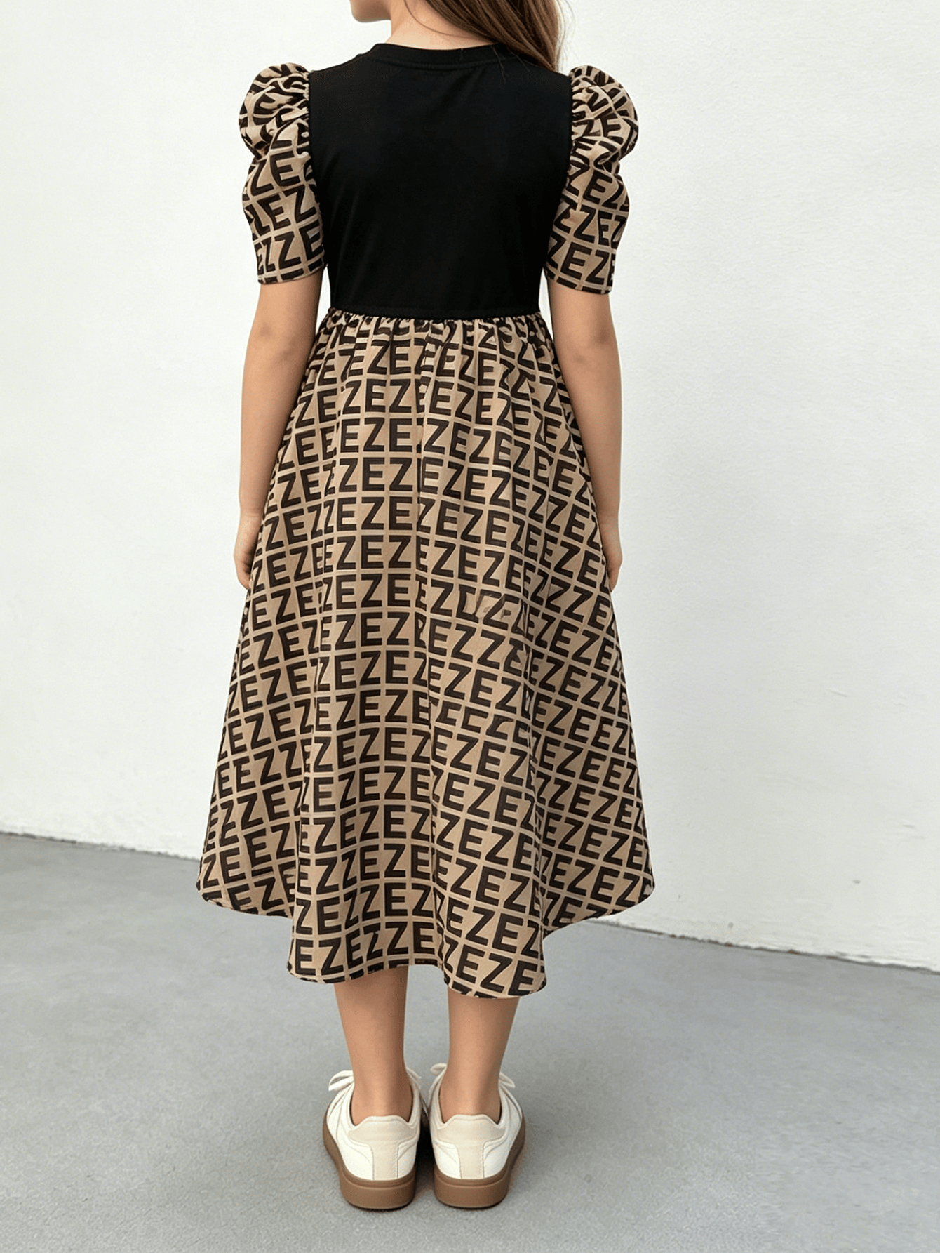 Girls Brown All Over Print Puff Sleeve Dress