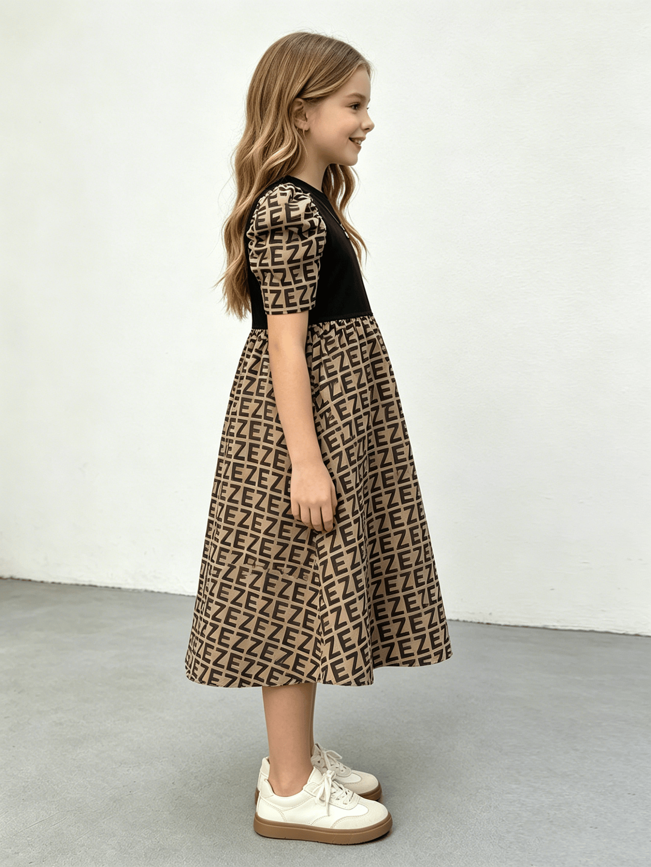 Girls Brown All Over Print Puff Sleeve Dress