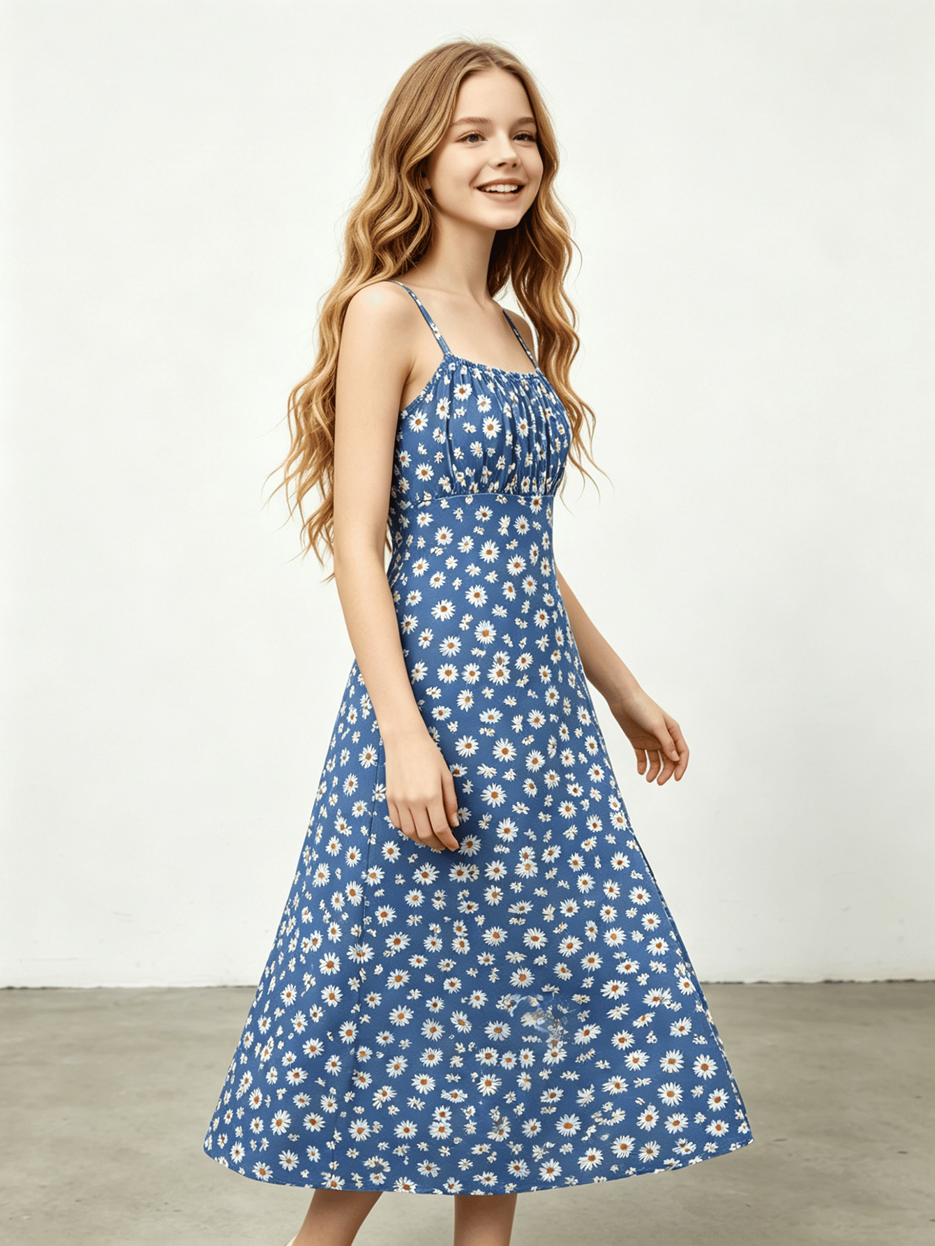 Girls Blue Daisy Print Spaghetti Strap Midi Dress