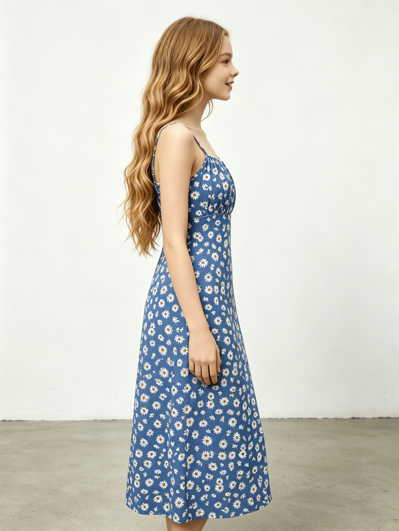 Girls Blue Daisy Print Spaghetti Strap Midi Dress