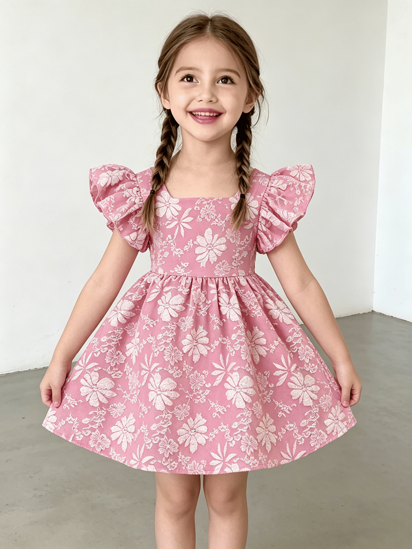 Girls Pink Ruffle Sleeve Floral Print Dress