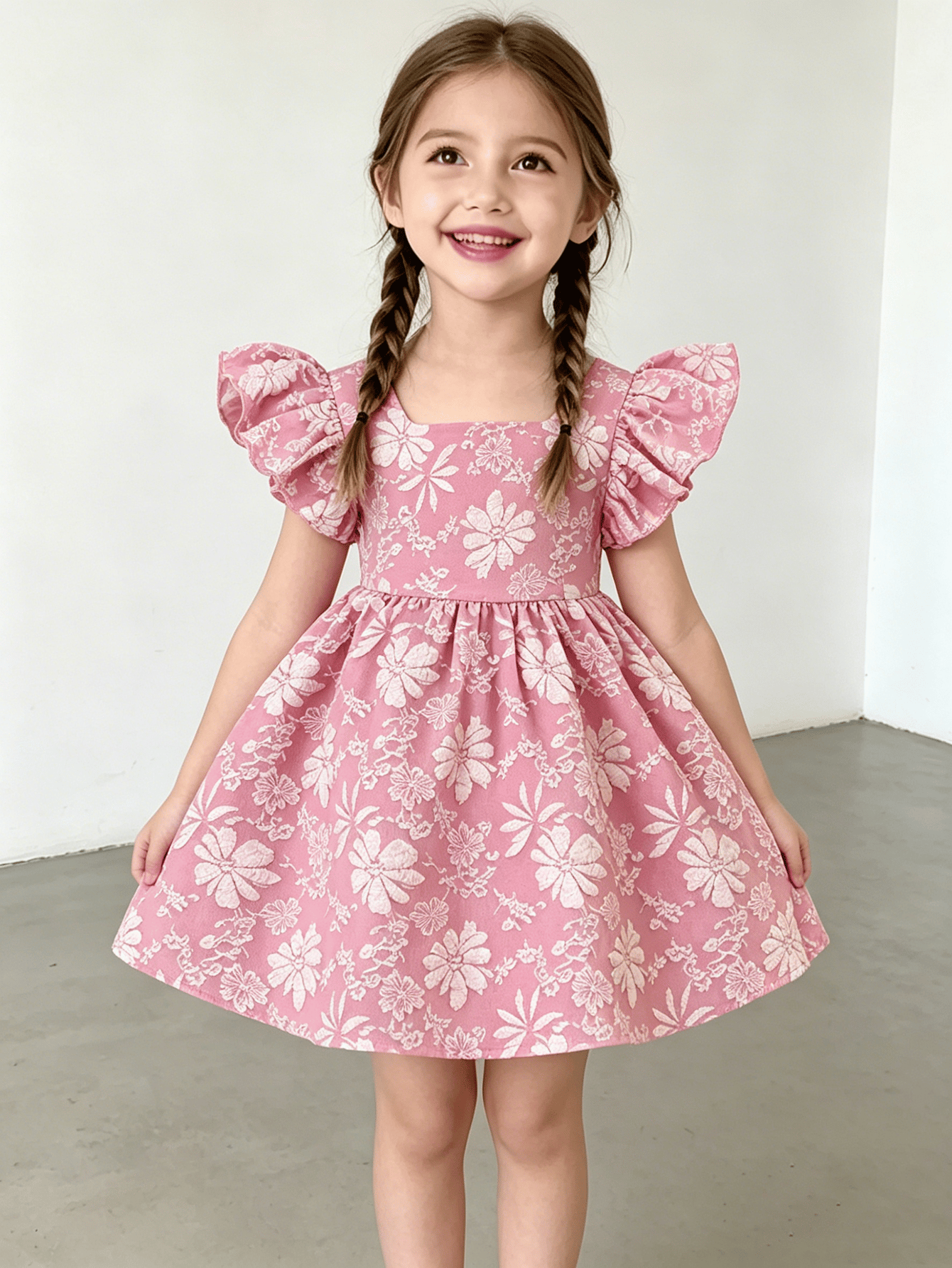 Girls Pink Ruffle Sleeve Floral Print Dress