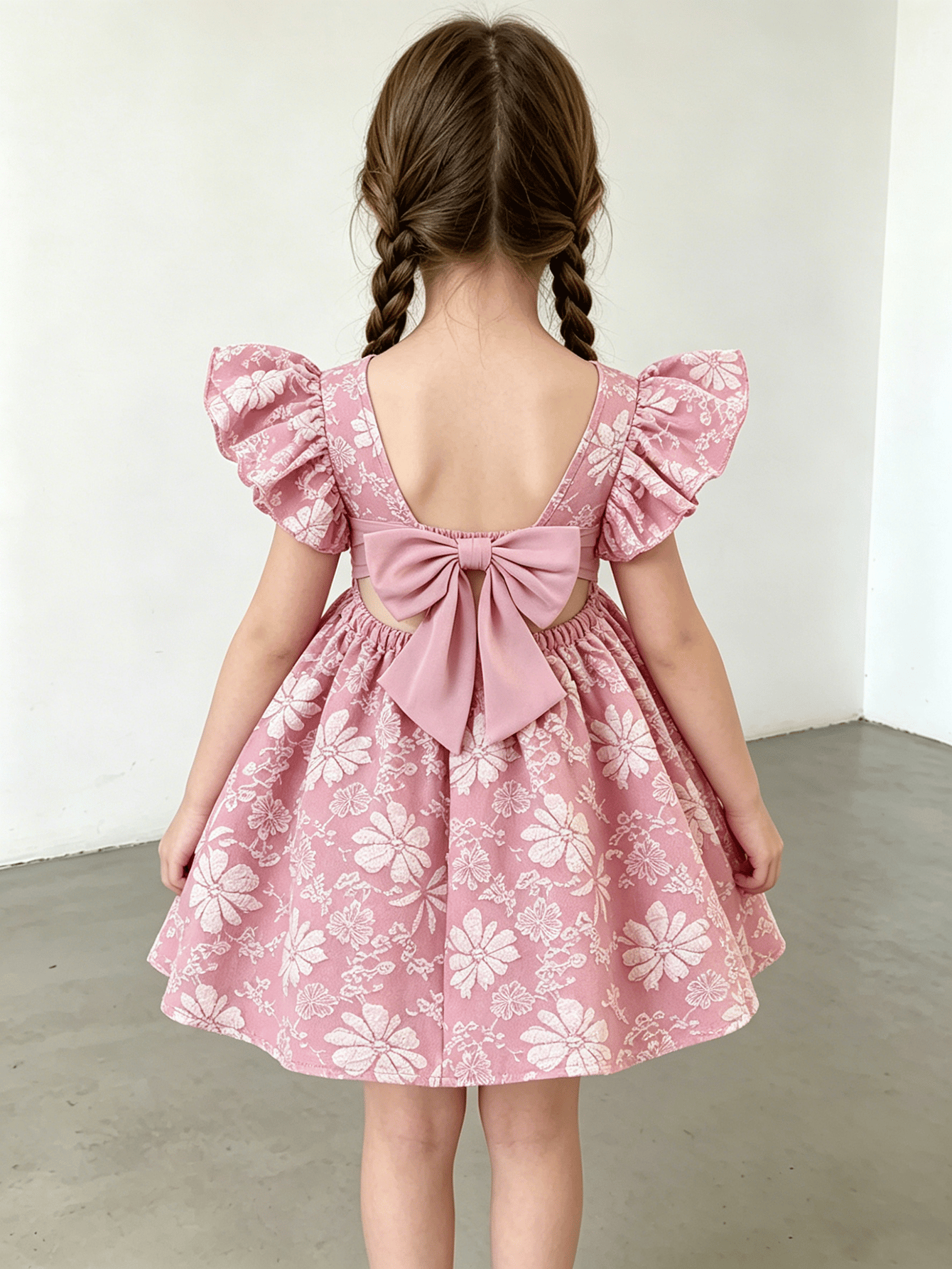 Girls Pink Ruffle Sleeve Floral Print Dress