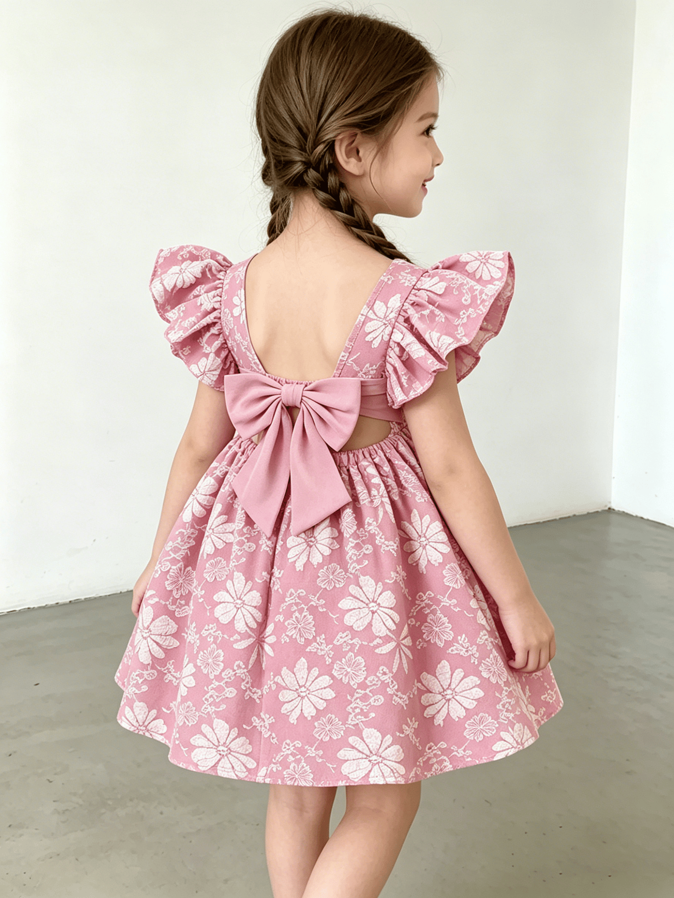 Girls Pink Ruffle Sleeve Floral Print Dress