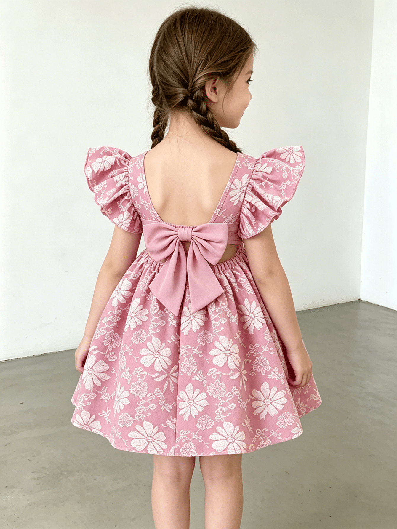 Girls Pink Ruffle Sleeve Floral Print Dress
