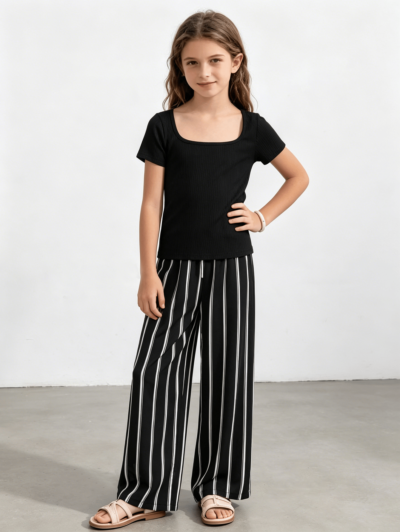 Girls Ribbed Square Neck Top and Striped Pants Set