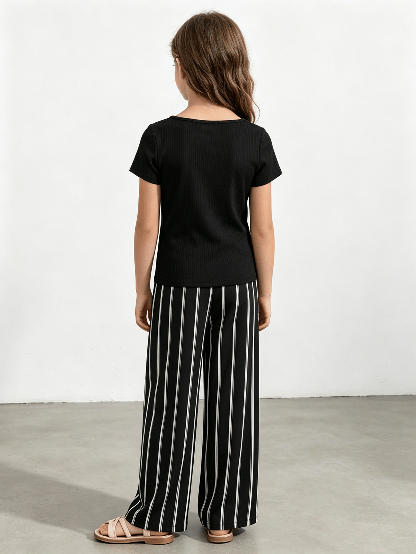 Girls Ribbed Square Neck Top and Striped Pants Set