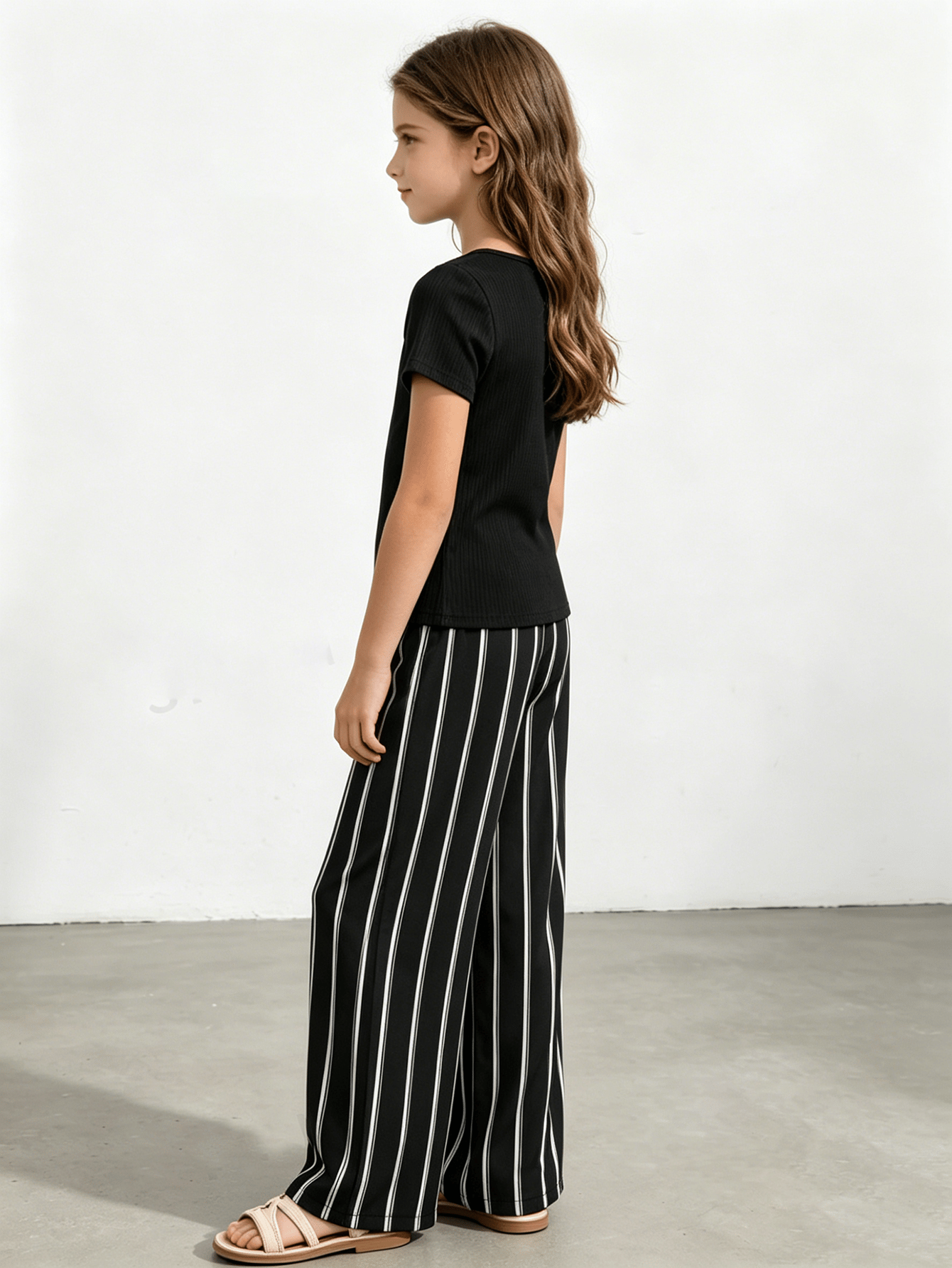 Girls Ribbed Square Neck Top and Striped Pants Set