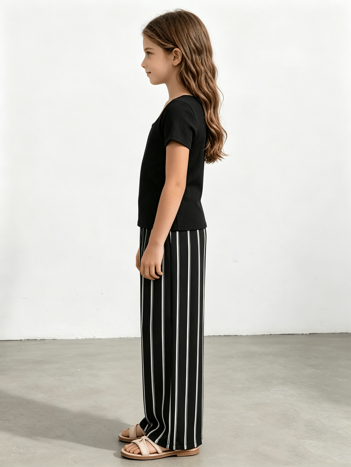 Girls Ribbed Square Neck Top and Striped Pants Set