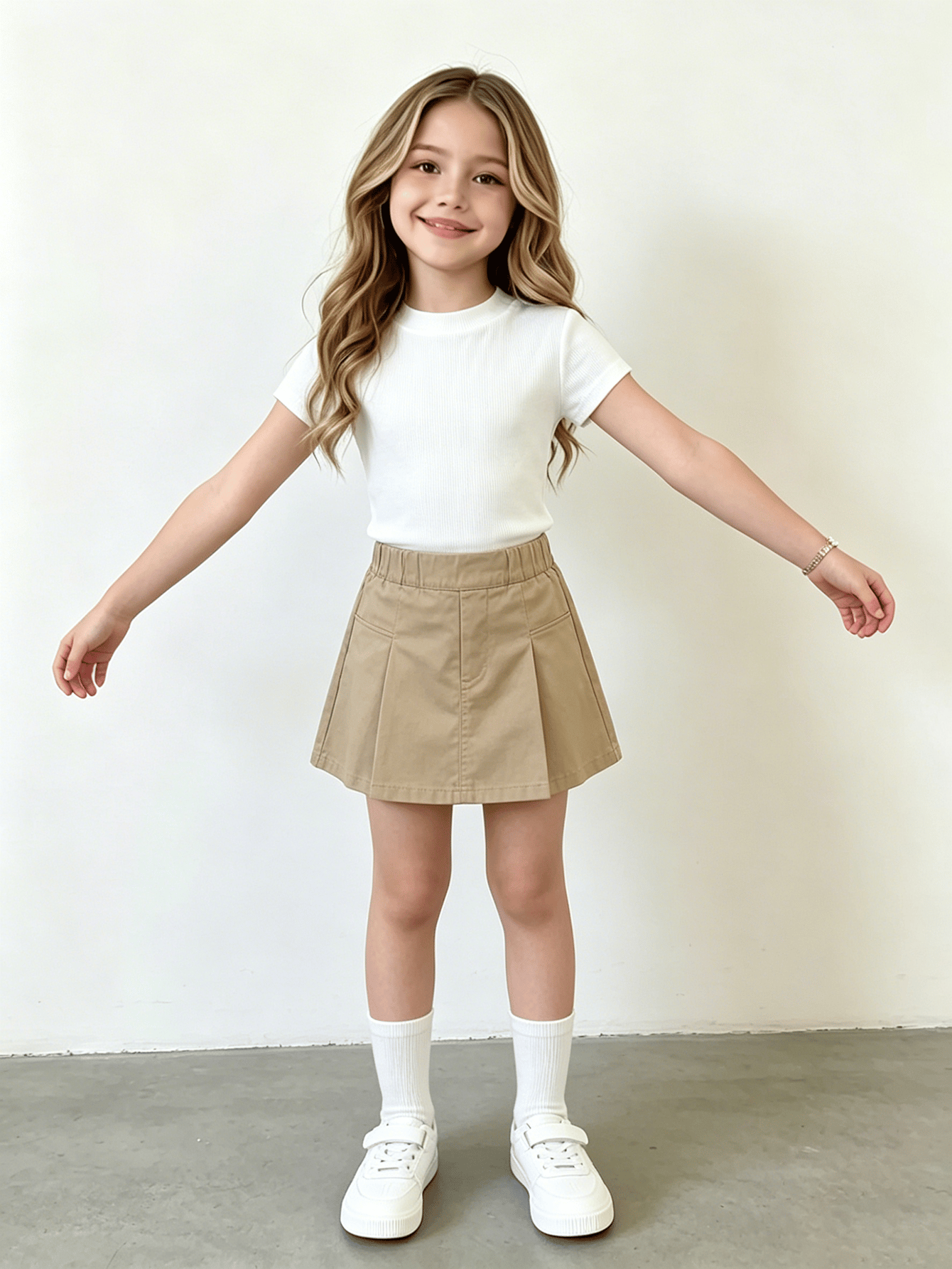 Girls White Ribbed Round Neck T-Shirt