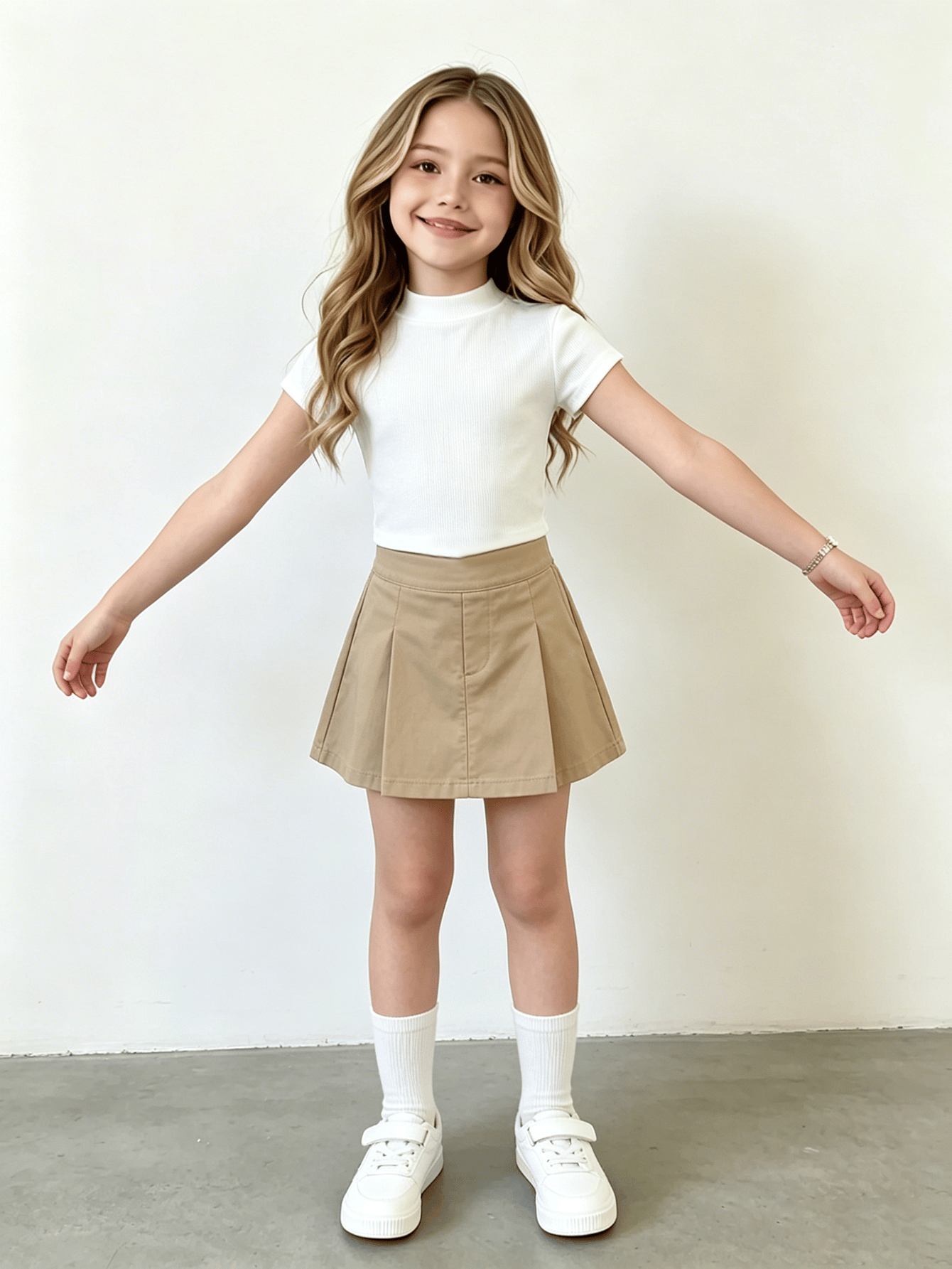 Girls White Ribbed Round Neck T-Shirt