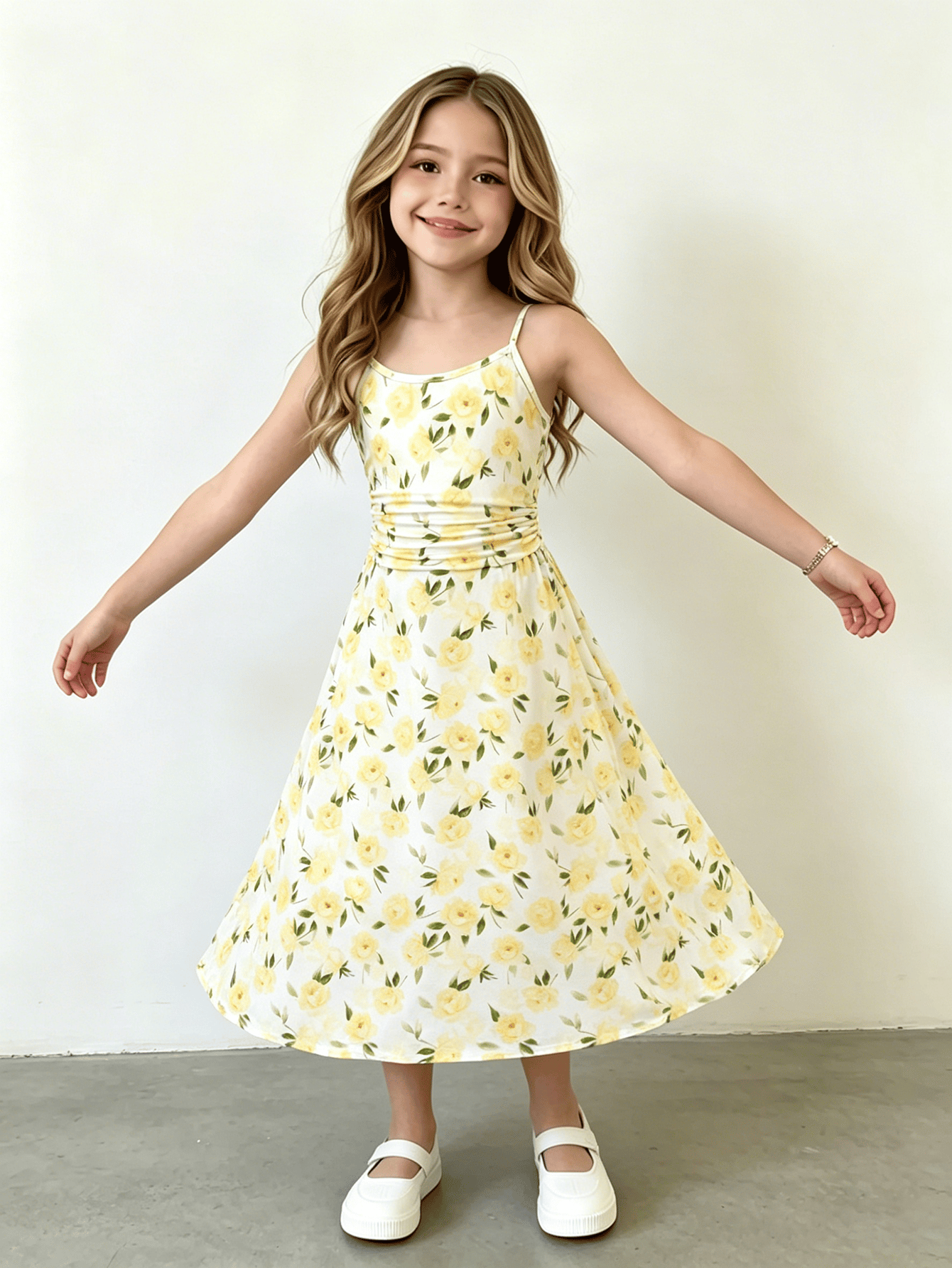 Girls Yellow Floral Ruched Waist Cami Dress