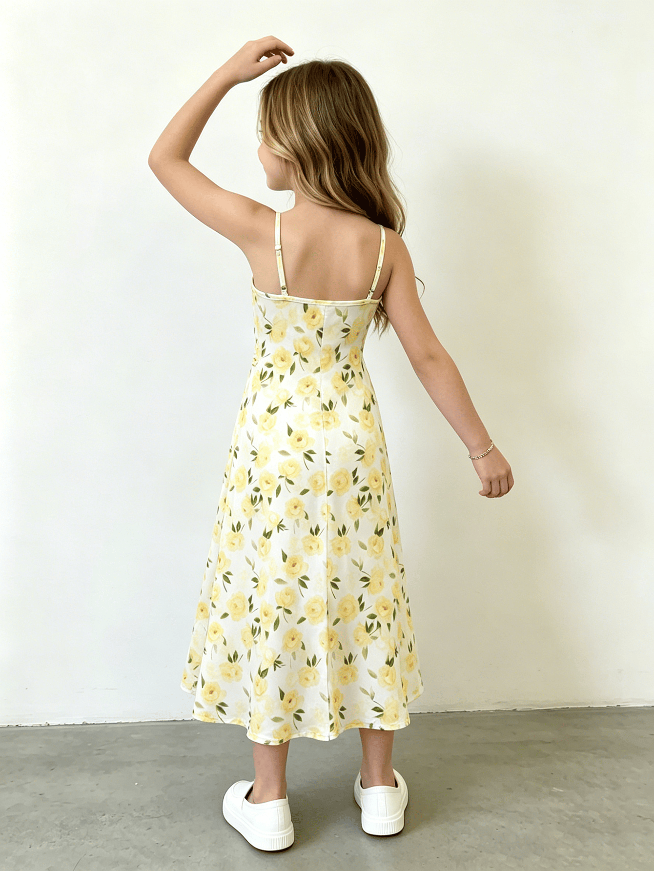 Girls Yellow Floral Ruched Waist Cami Dress