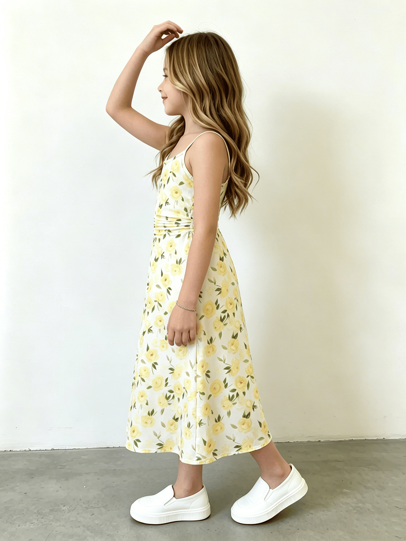 Girls Yellow Floral Ruched Waist Cami Dress