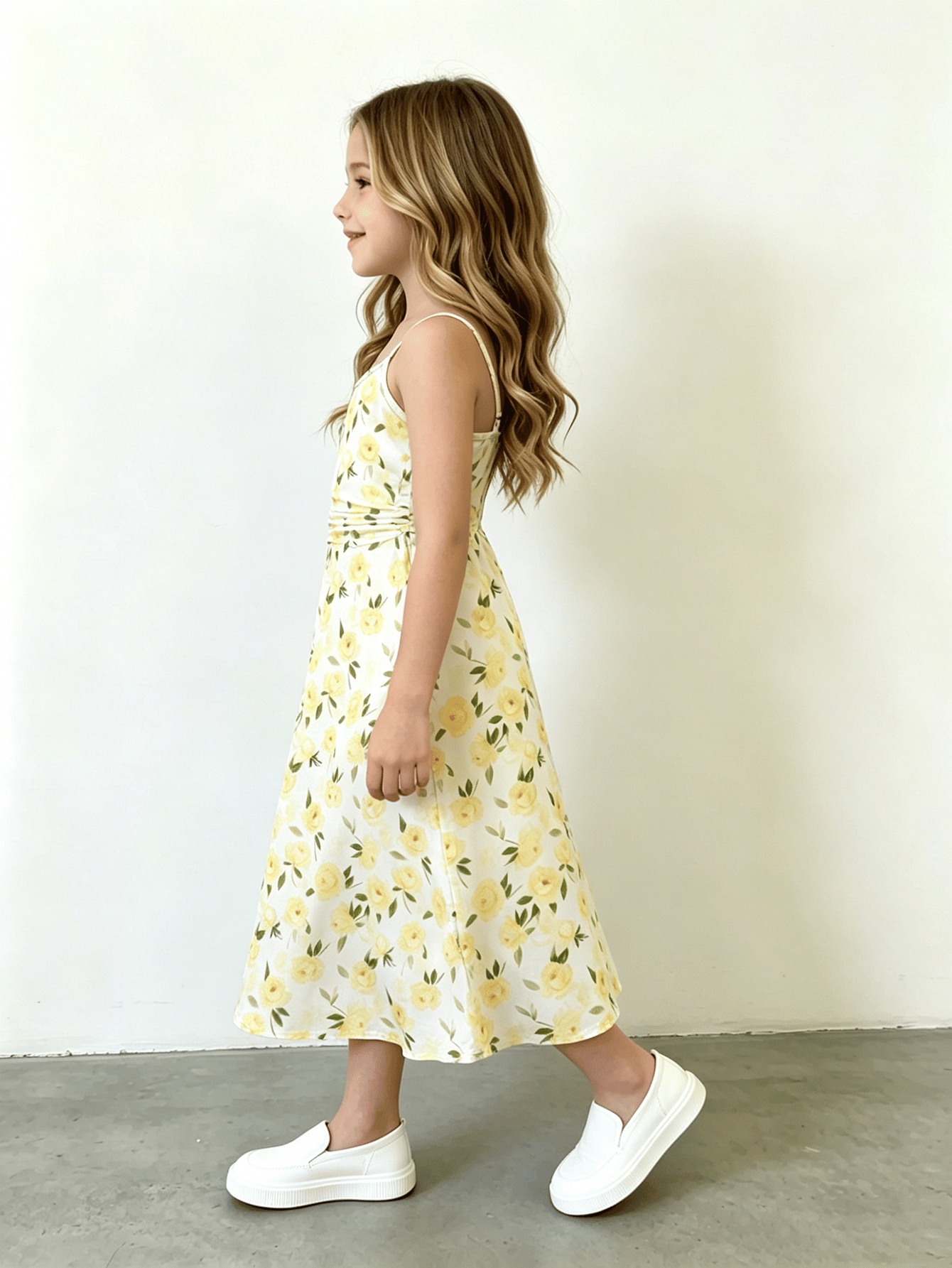 Girls Yellow Floral Ruched Waist Cami Dress