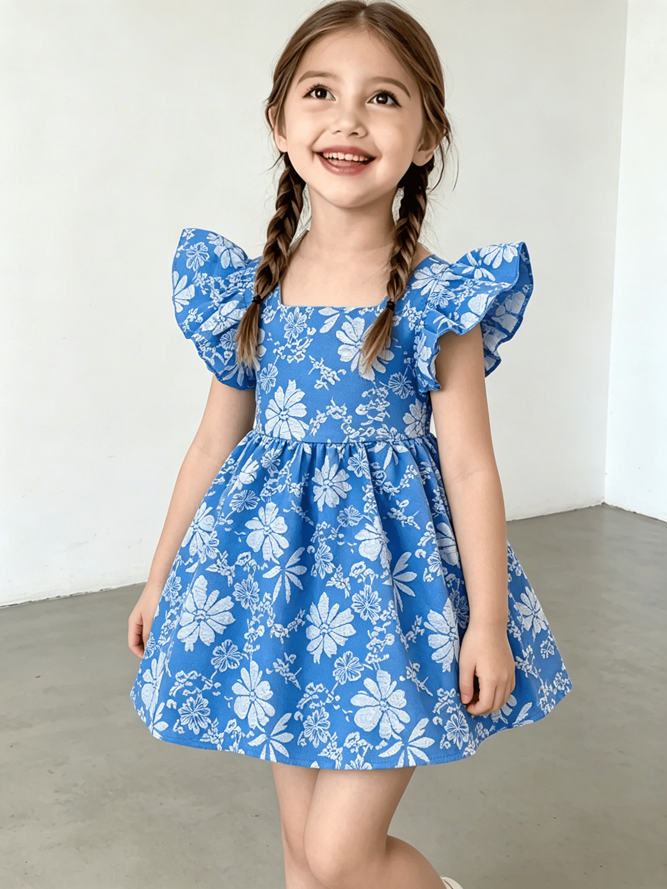 Girls Blue Ruffle Sleeve Floral Print Dress