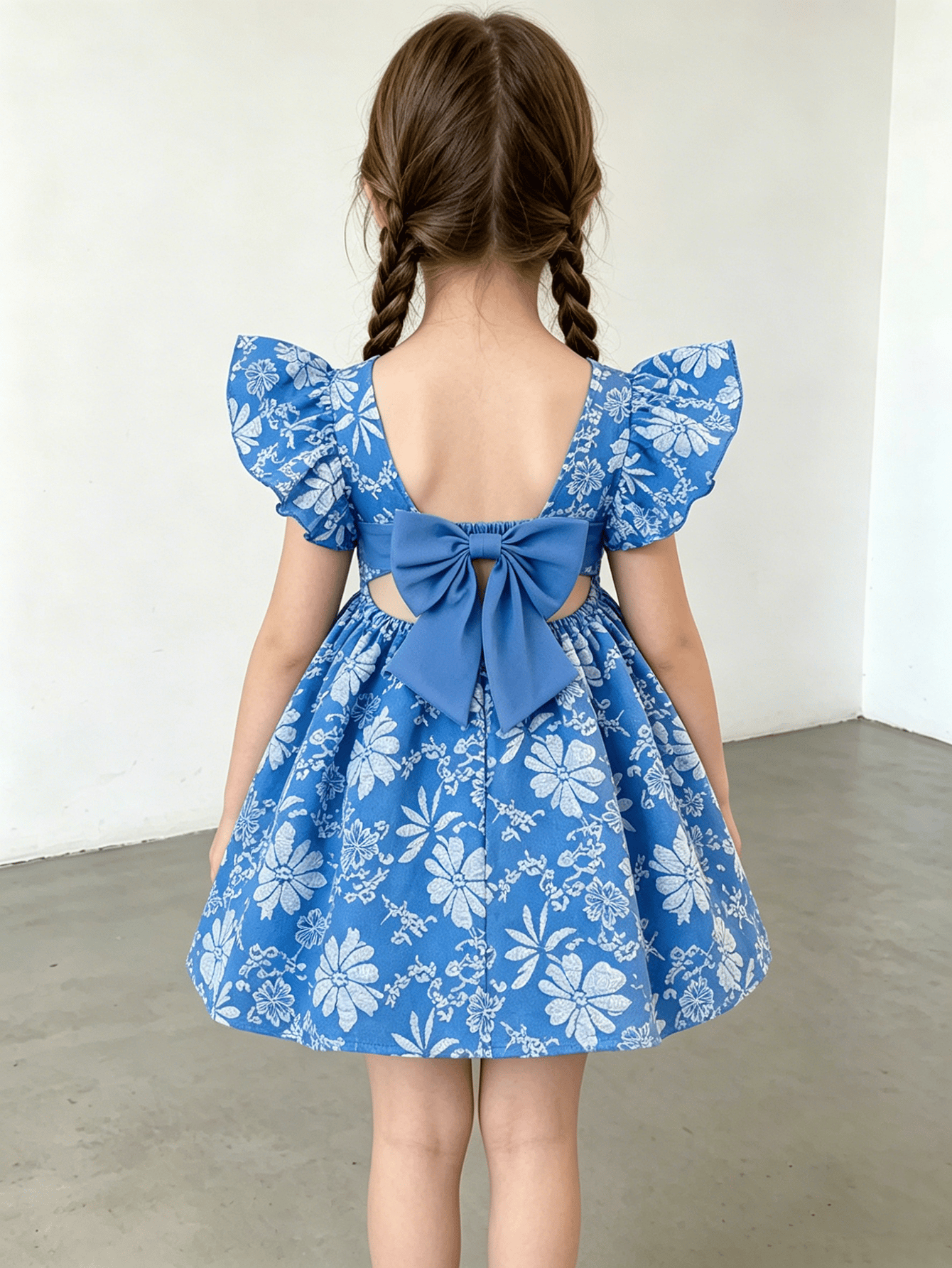 Girls Blue Ruffle Sleeve Floral Print Dress