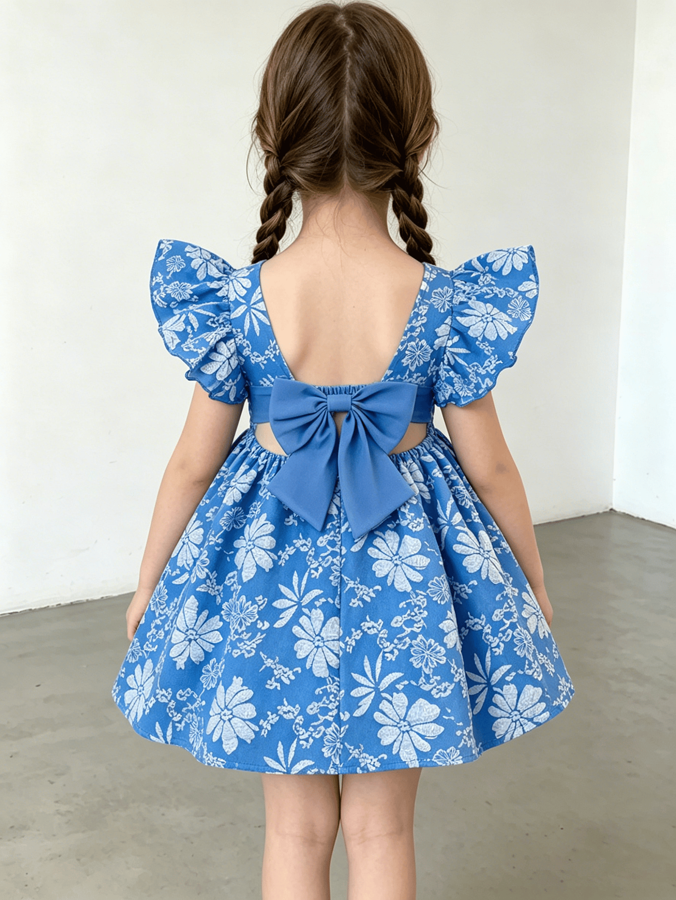 Girls Blue Ruffle Sleeve Floral Print Dress