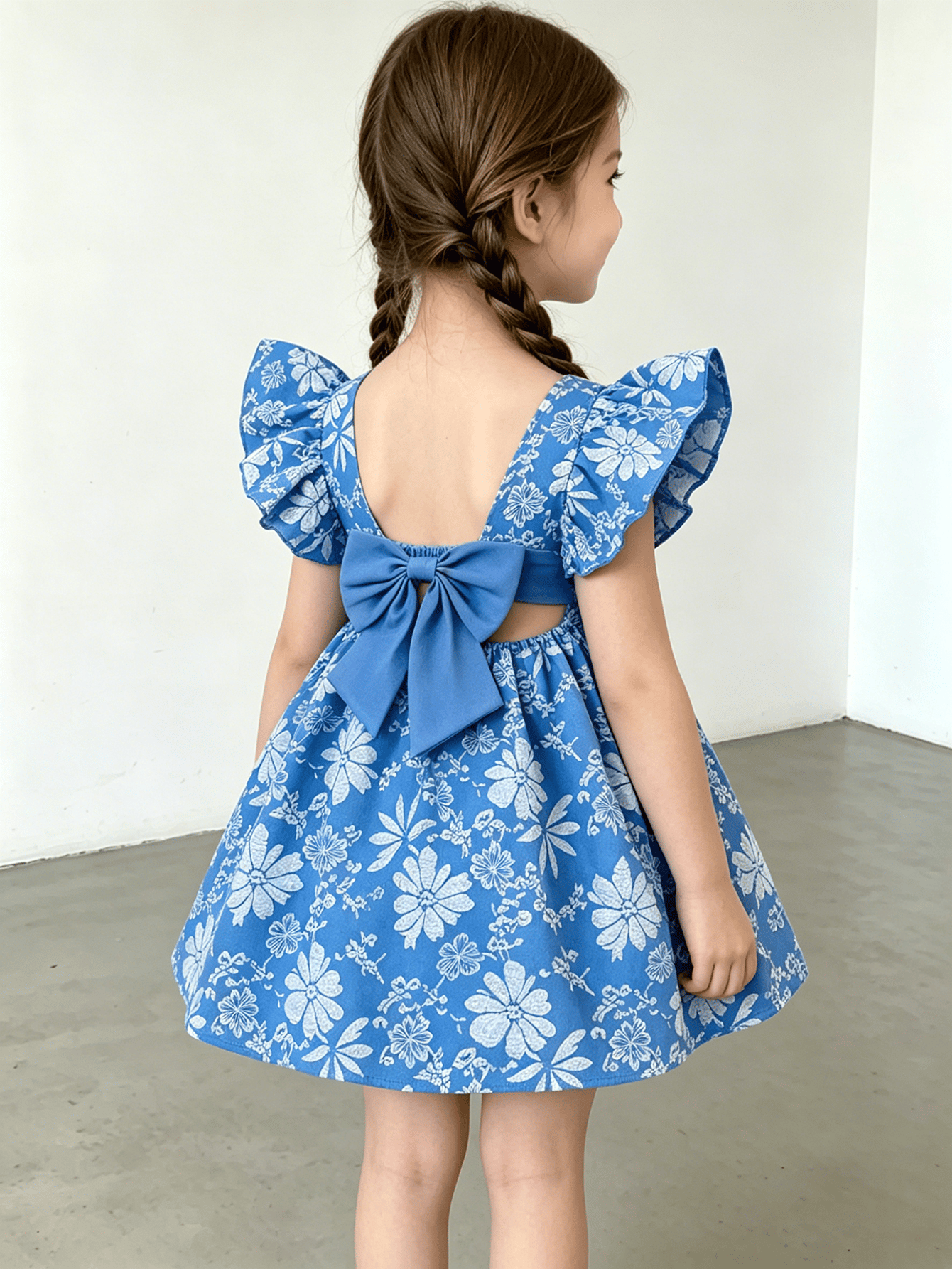 Girls Blue Ruffle Sleeve Floral Print Dress