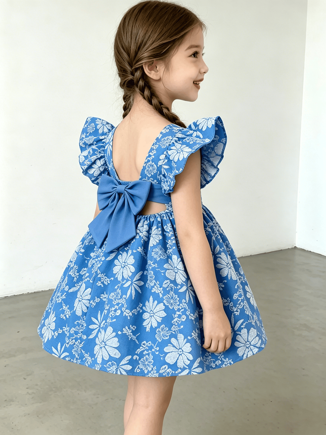 Girls Blue Ruffle Sleeve Floral Print Dress