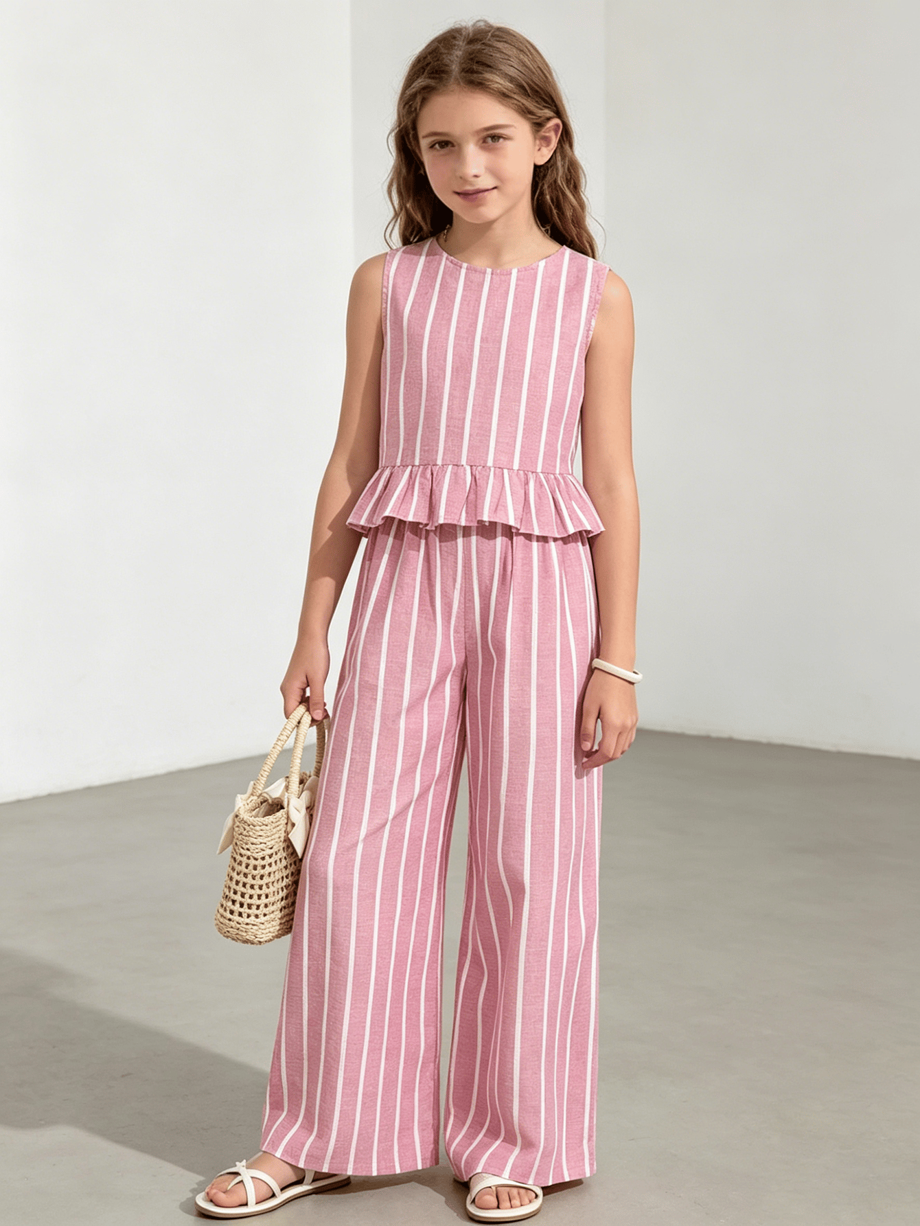 Girls Pink Stripe Ruffle Hem Top and Wide Leg Pants Set
